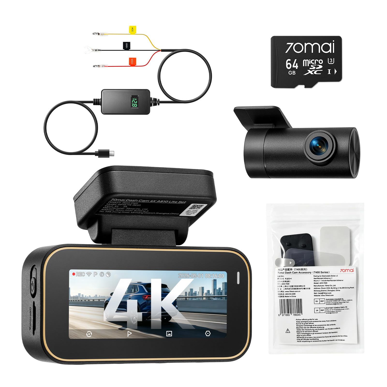 【70mai Dashcam A810Lite+64GB+UP06+ACC-T400】 70mai A810 Lite Dashcam Vorne Hinten, 4K Dashcam 2160P+1080P mit 64GB Karte, 24H Parküberwachung, 4G LTE Fernzugriff unterstützt, Notfall-Voraufzeichnung.