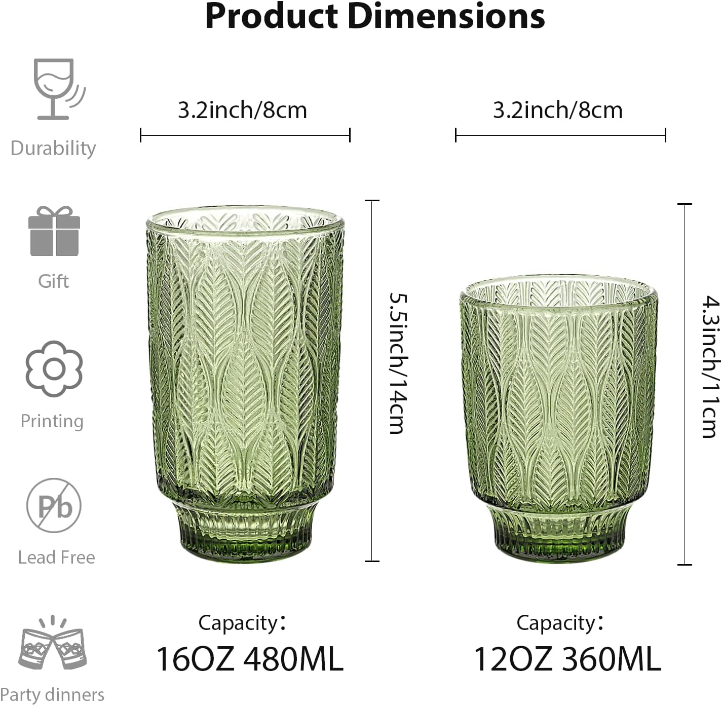 Set of 8 Vintage Embossed Glassware, Green, 4 Highball Glasses 16oz & 4 Rocks Drinking Glasses 12oz, Art Deco, Retro Aesthetic Drinkware, for Wine, Water, Cocktail, Juice, Whiskey, Gift