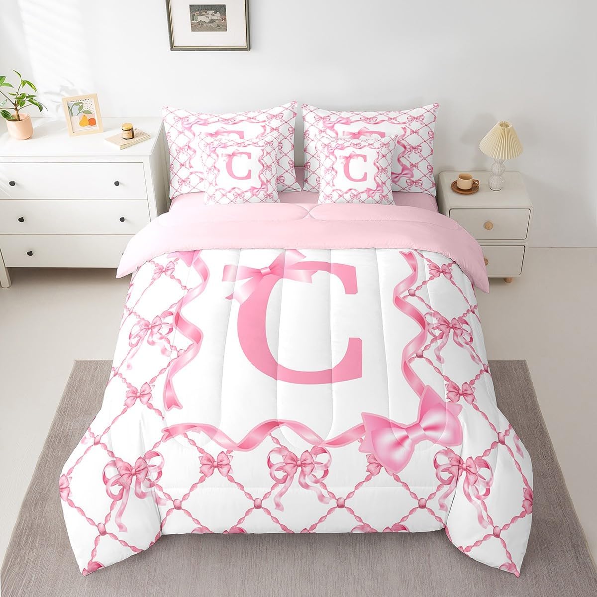 Erosebridal 7Pcs Cute Preppy Bed in A Bag Queen Size Bowknot Girl Comforter Set with Sheets Initial Letter C Princess Bedding Sets Initial Birthday Gifts Monogrammed Bow Sheets Set with Comforter