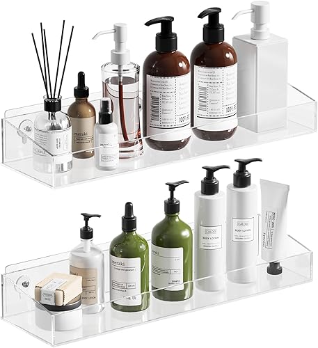 Paquete de 2 estantes de ducha de acrílico, organizador adhesivo de ducha para baño, sin taladrarperforar, estantes flotantes para almacenamiento de