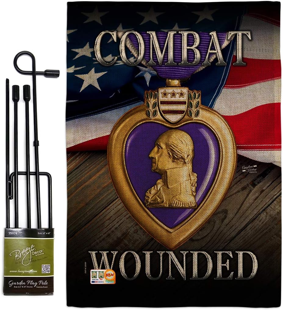 Purple Heart Combat Wounded Burlap Burlap Garden Flag Set with Stand Armed Forces Military Service All Branches Support Honor United State American Veteran Official Gift Yard House 13 X 18.5