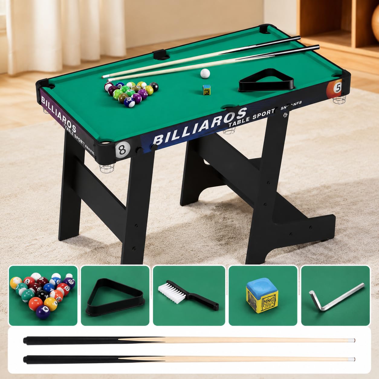 Tavolo da biliardo pieghevole con set completo di accessori, per appassionati di da tavolo, salvaspazio