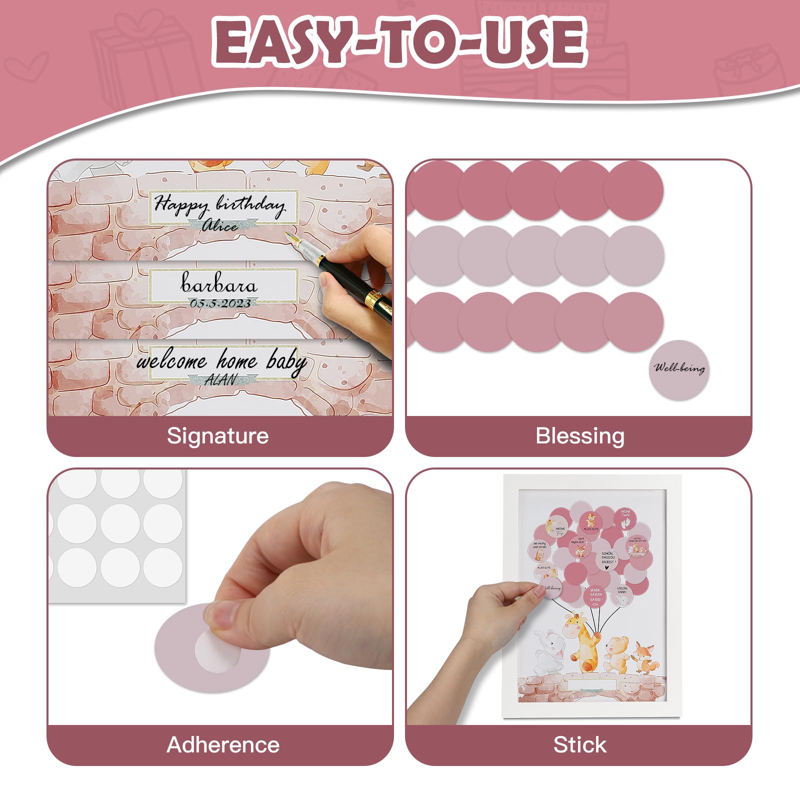 CPROSP Livre D'or Et Photo Avec Cadre Blanc, Douche De Bébé Cadre Photo En Bois 32,4 * 24cm, Tableau D'or Baptême à Suspendre Ou à Poser, Cadeau Souvenir Pour Anniversaire Rose