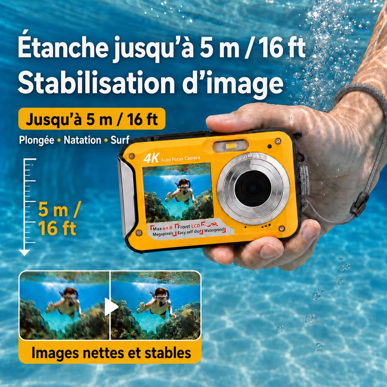 Appareil Photo Étanche Plongée 4K 64Mpx Double Écran