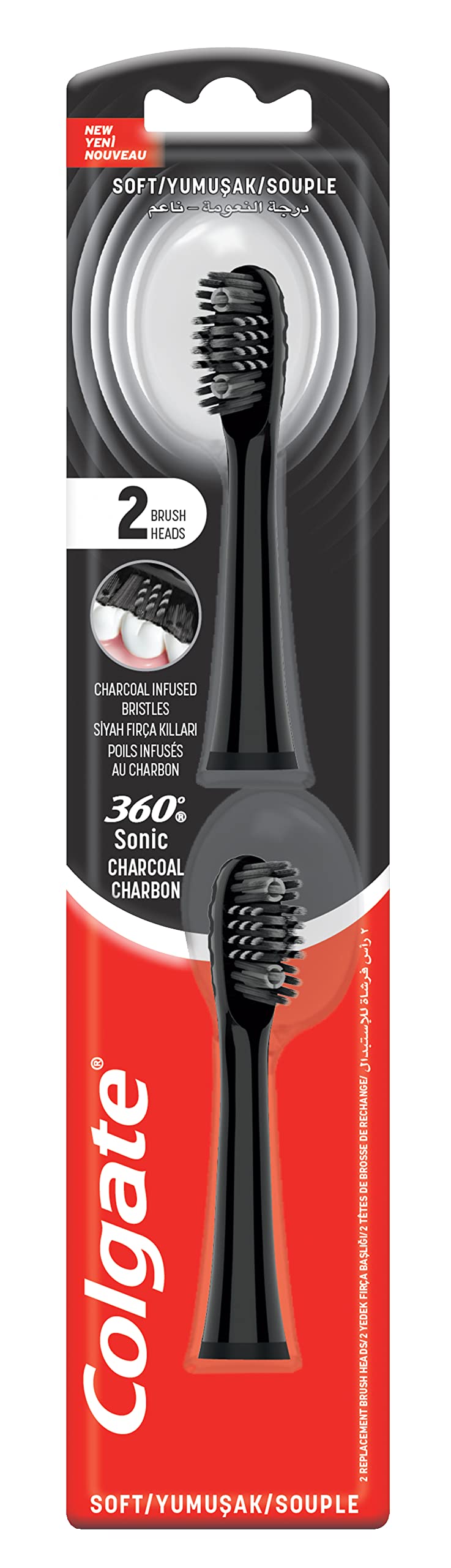 Colgate 360 Sonic Battery Toothbrush Refill Charcoal Infused Soft Power Toothbrush Replacement Head 2 pieces