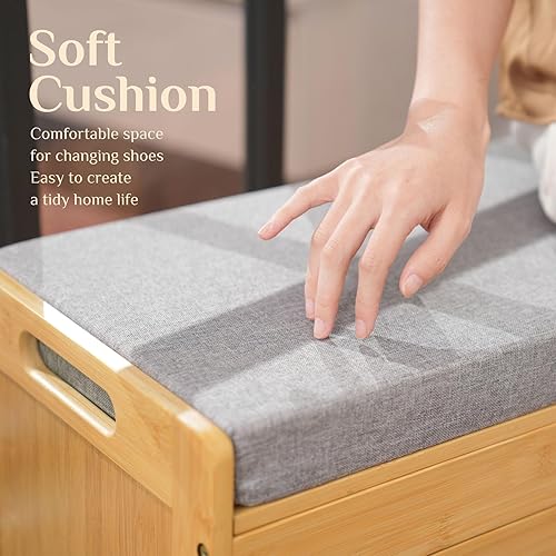 Miniatura 9 de Banco de almacenamiento de zapatos, banco de entrada de bambú con 2 puertas y cojín de asiento acolchado, 35.4 pulgadas de ancho x 12.6 pulgadas de