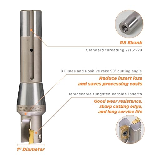 Miniatura 7 de Fresa de extremo indexable de 2 pulgadas de vástago R8, 2 pulgadas de diámetro y fresadora de alta velocidad de 90 grados con inserto de carburo