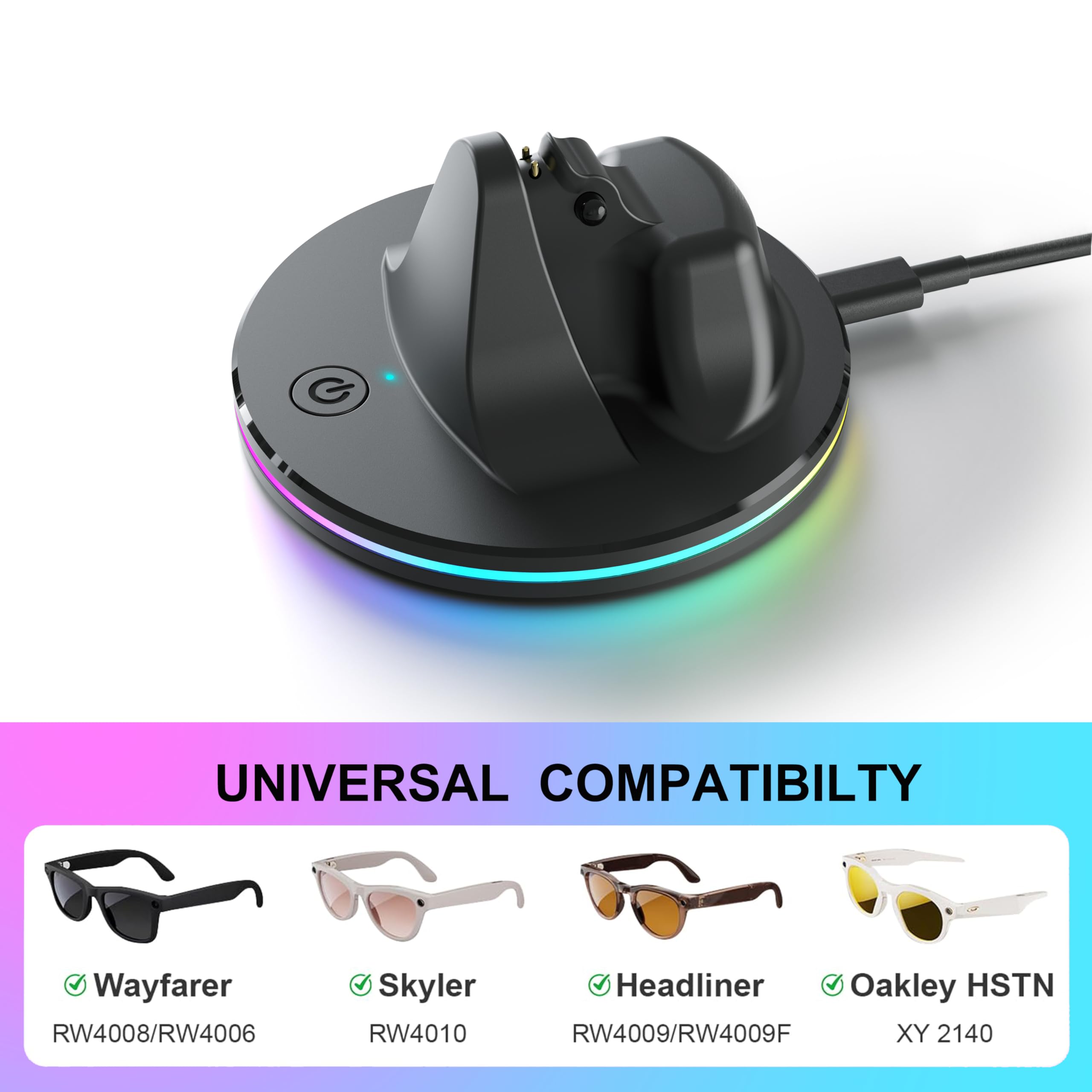 Stazione di ricarica per occhiali Ray-Ban Meta, nero | Compatibile con Wayfarer, Skyler, Headliner e Oakley HSTN, indicatore LED, illuminazione ambientale, cavo USB