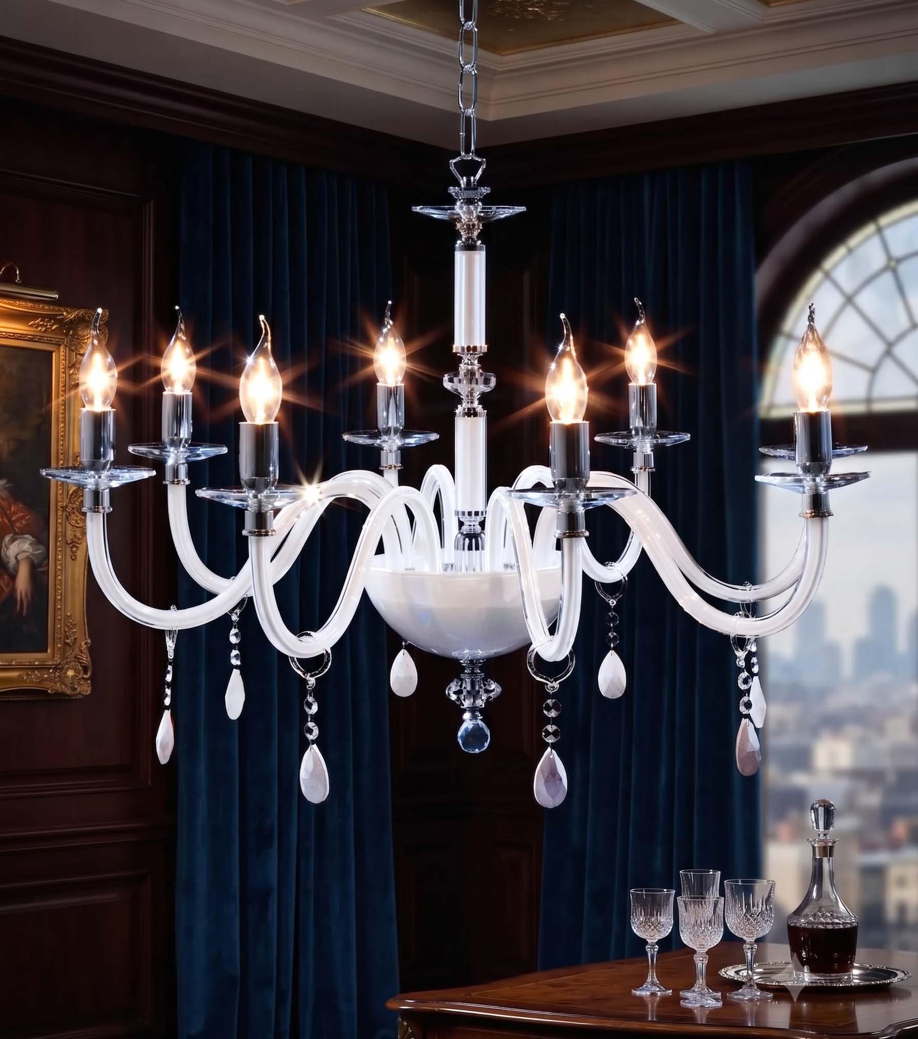 Generico Lámpara de araña de cristal blanco y transparente con 8 luces CL019 para dormitorio, salón, comedor, sala de estar