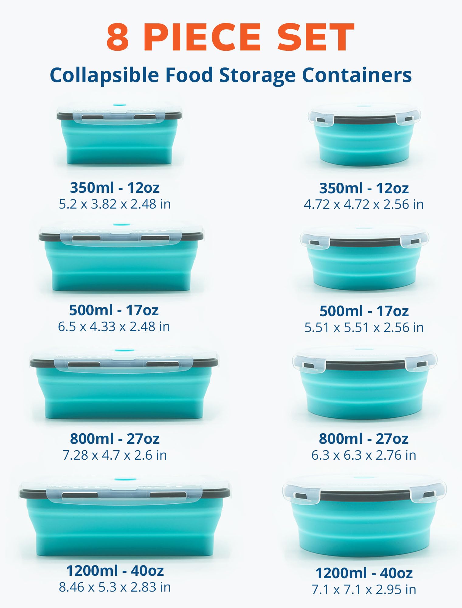 Lunememo Contenitori Pieghevoli Per Alimenti, Adatti al Congelatore e Alla Lavastoviglie, Contenitori per Pranzo in silicone, Adatto per Campeggio, Coperchio, 16 Pezzi, Blu