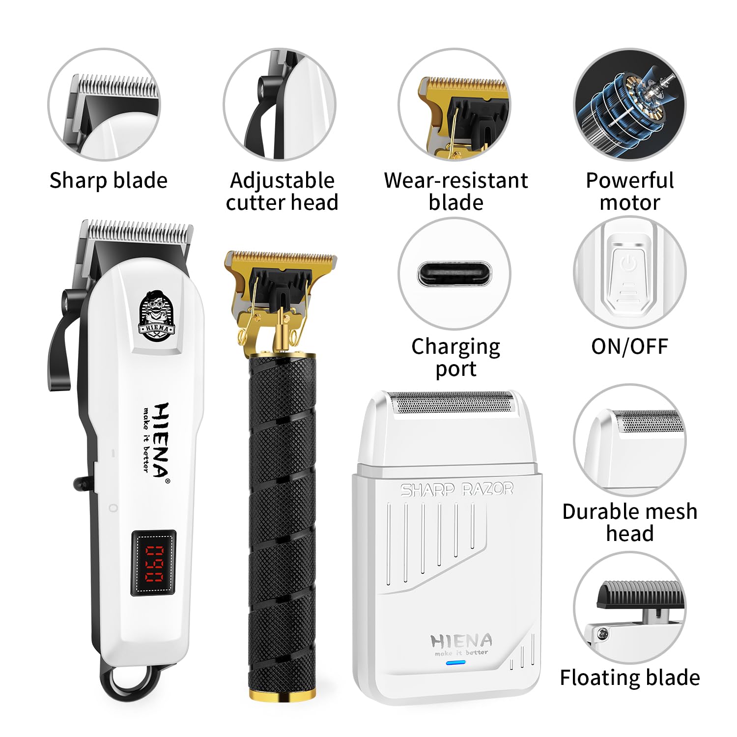 HIENA PRO Professionelles Haarschneidemaschine Set für Männer, wiederaufladbares Haarschneide-Set, elektrische Folienrasierer und Bartschneider, Barber Clippers mit LED-Anzeige, R-Typ verstellbare