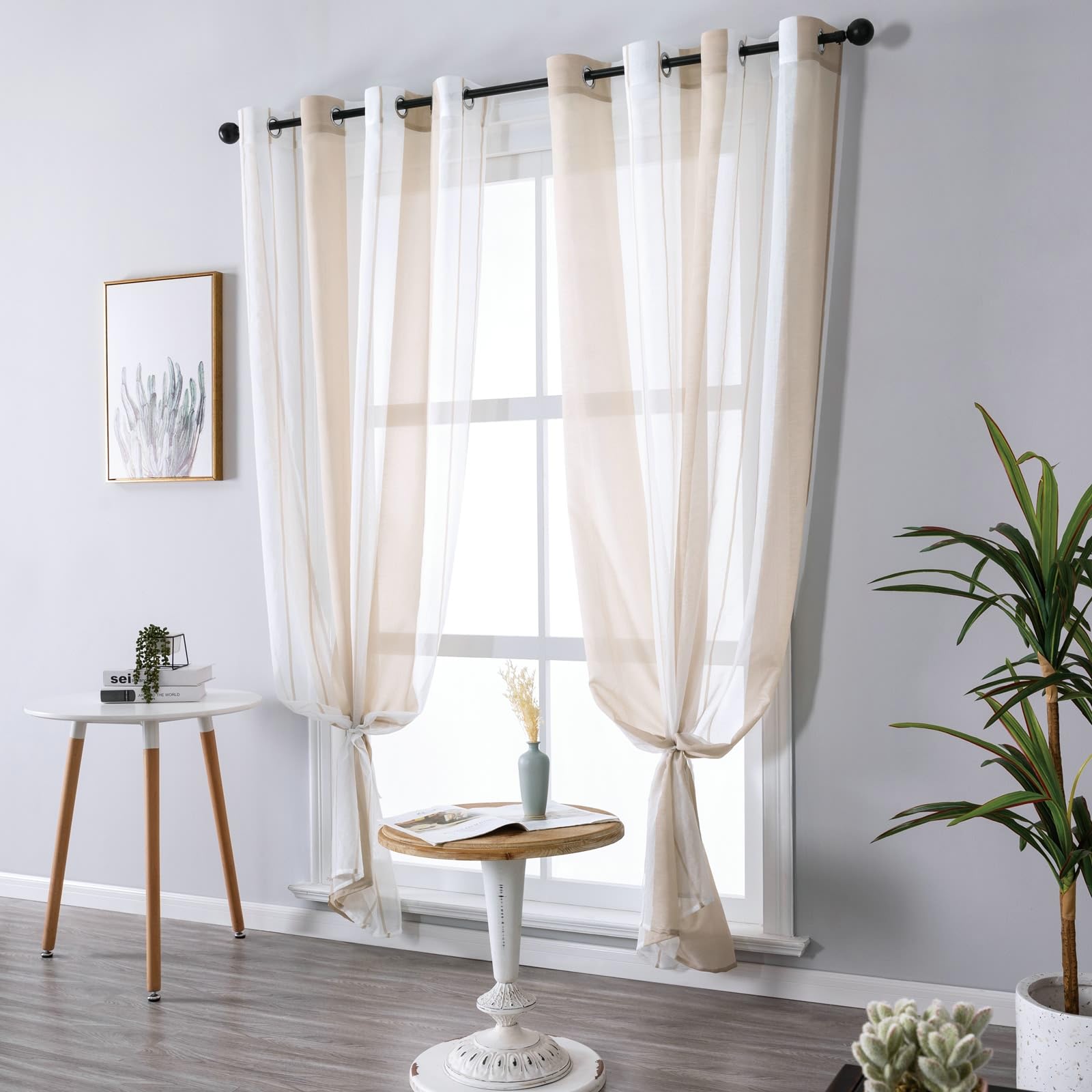 Transparente Voile Vorhänge Beige mit Ösen, Polyester Vorhänge Elegant Kurz 2 Stück für Schlafzimmer, H244 x B102 cm