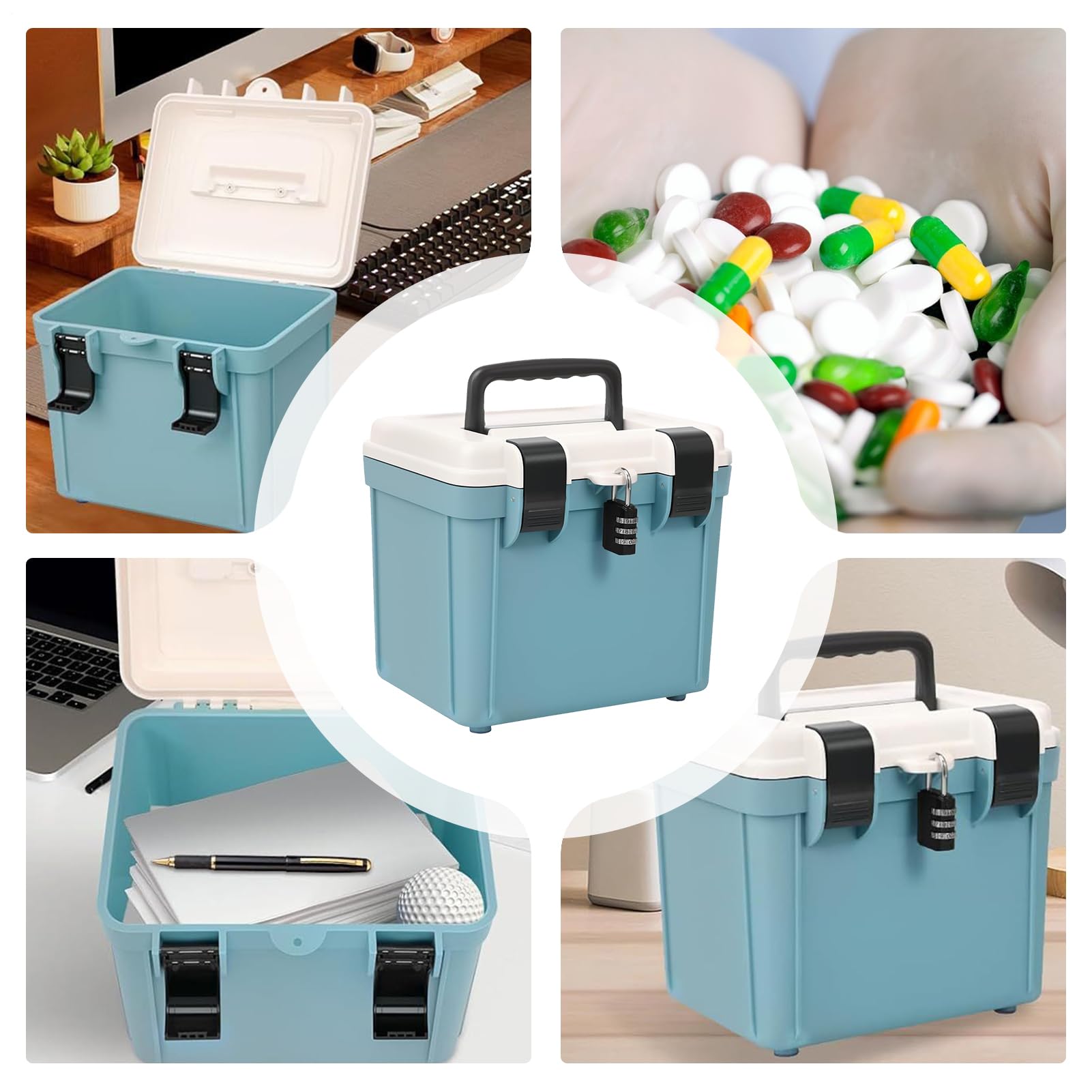 Genérico Caja para Medicamentos con Cerradura,Caja Fuerte Portátil Con Candado - Gran Capacidad Para Medicamentos, Herramientas Y Documentos, Portátil Para Hogar Trabajo Viajes Exterior Y Coche