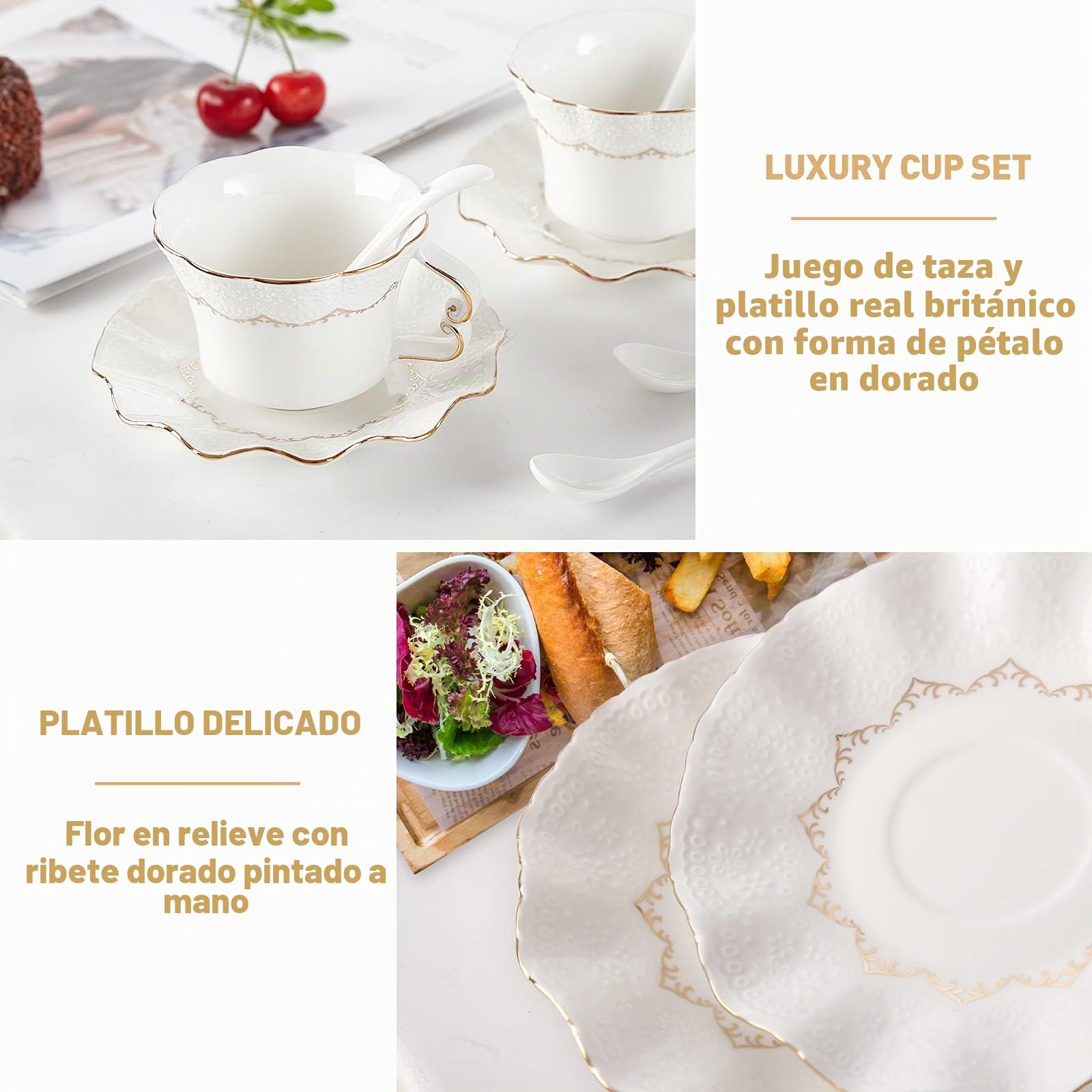 DUJUST Juego de 6 tazas y platillos (200 ml), taza de lujo con ribete dorado, tazas con estampado en relieve, juego de porcelana real británica para fiesta de té - blanco