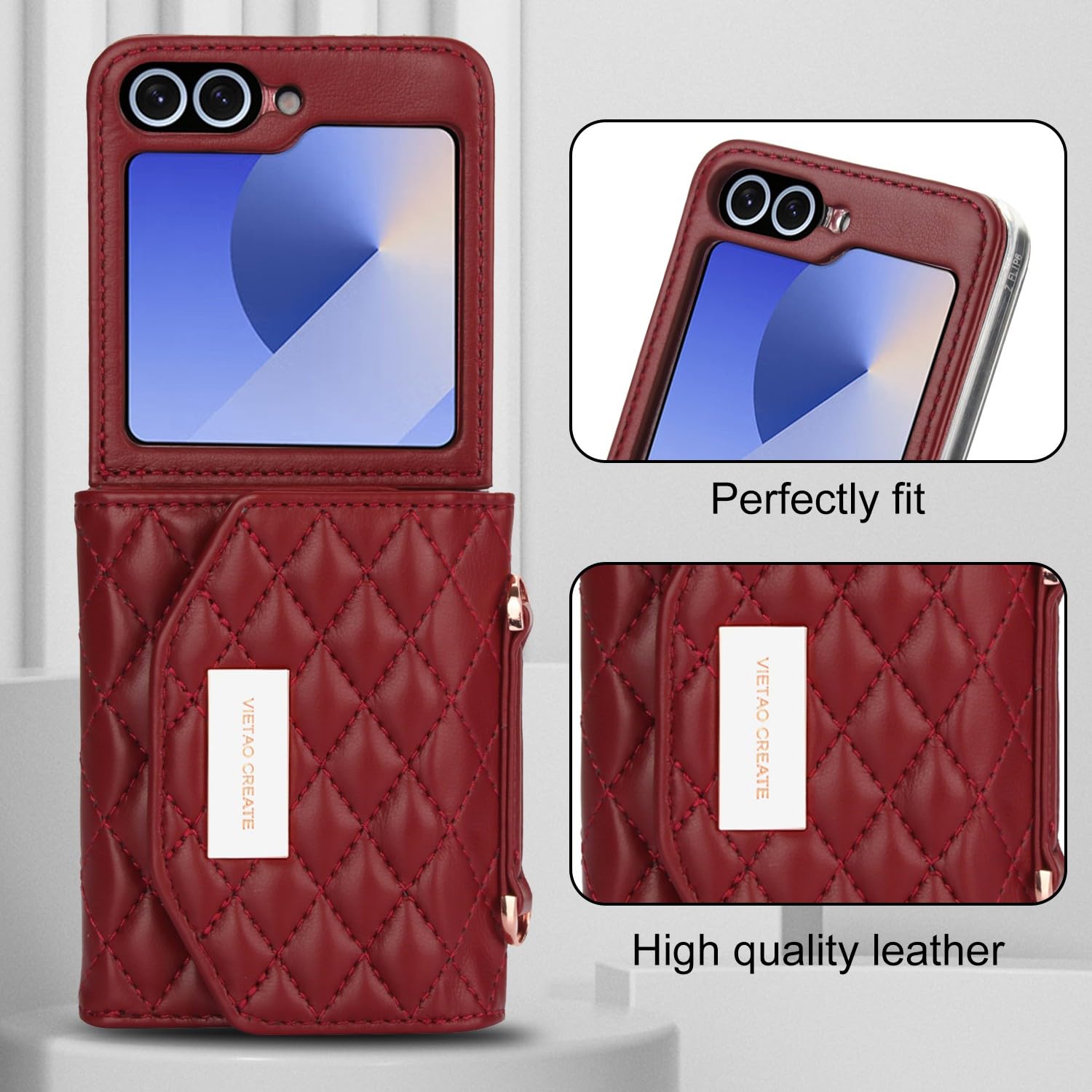 Etui portfelowe na telefon komórkowy Samsung Galaxy Z Flip 8 z wbudowaną skórzaną przegródką na gotówkę i uchwytem na karty kredytowe, regulowany pasek crossbody, ochrona zawiasów dla kobiet i