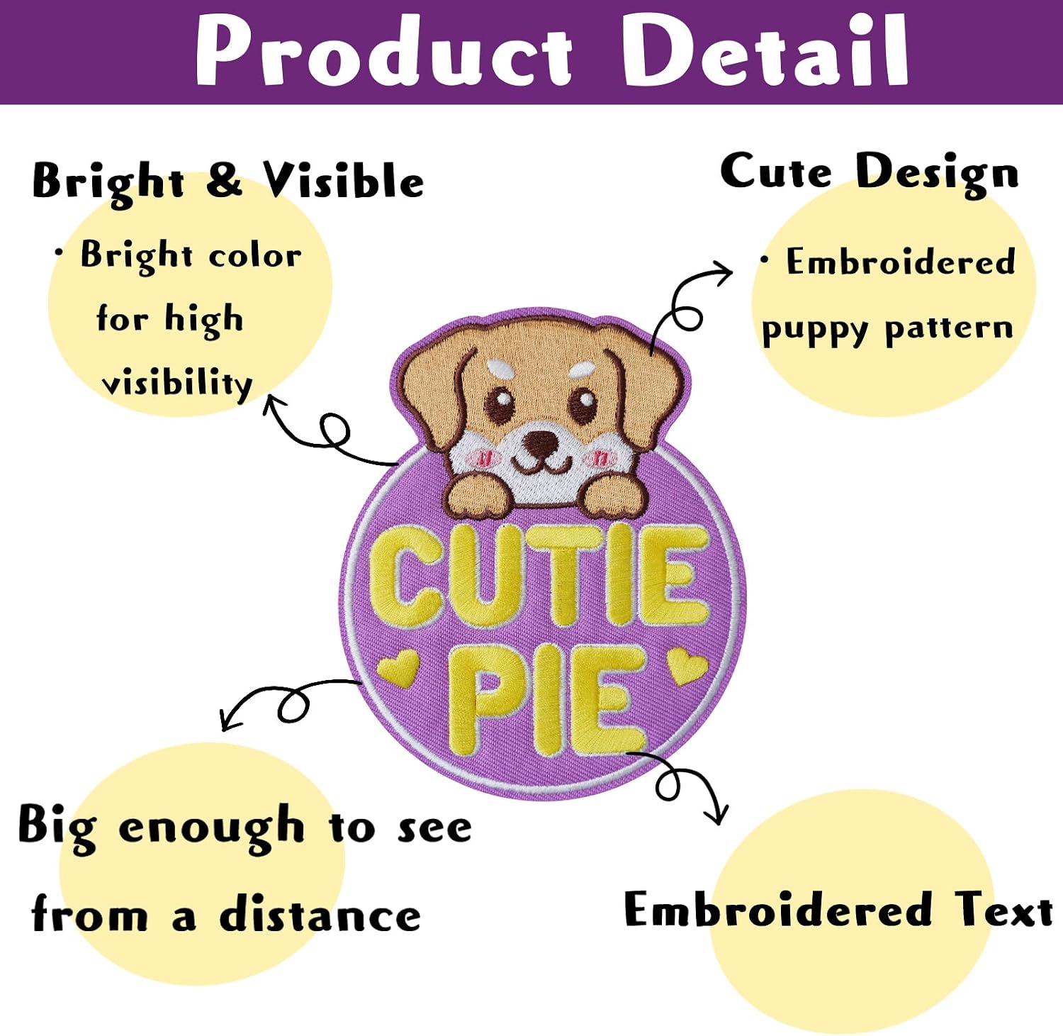Large Dog Patches for Leash - Cutie Pie, Funny Double Sided Embroidered Harness Patch, Cute Removable Hook and Loop Pet Accessory (4.25''×3.54'', Purple) image 5