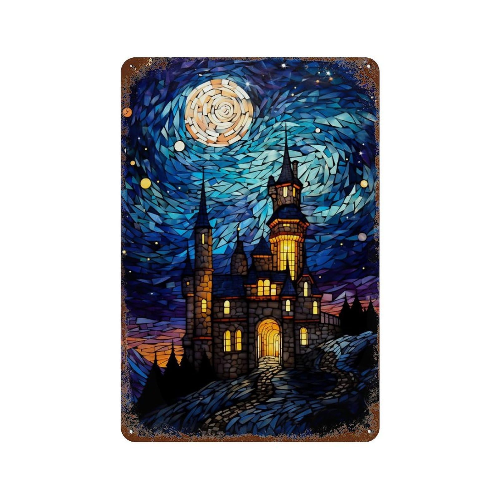 Starry Night Castle Mosaic-1 Aged Metal Wall Plaque 11.8"x7.9", Ideal for Garage, Bar And Workshop Decor