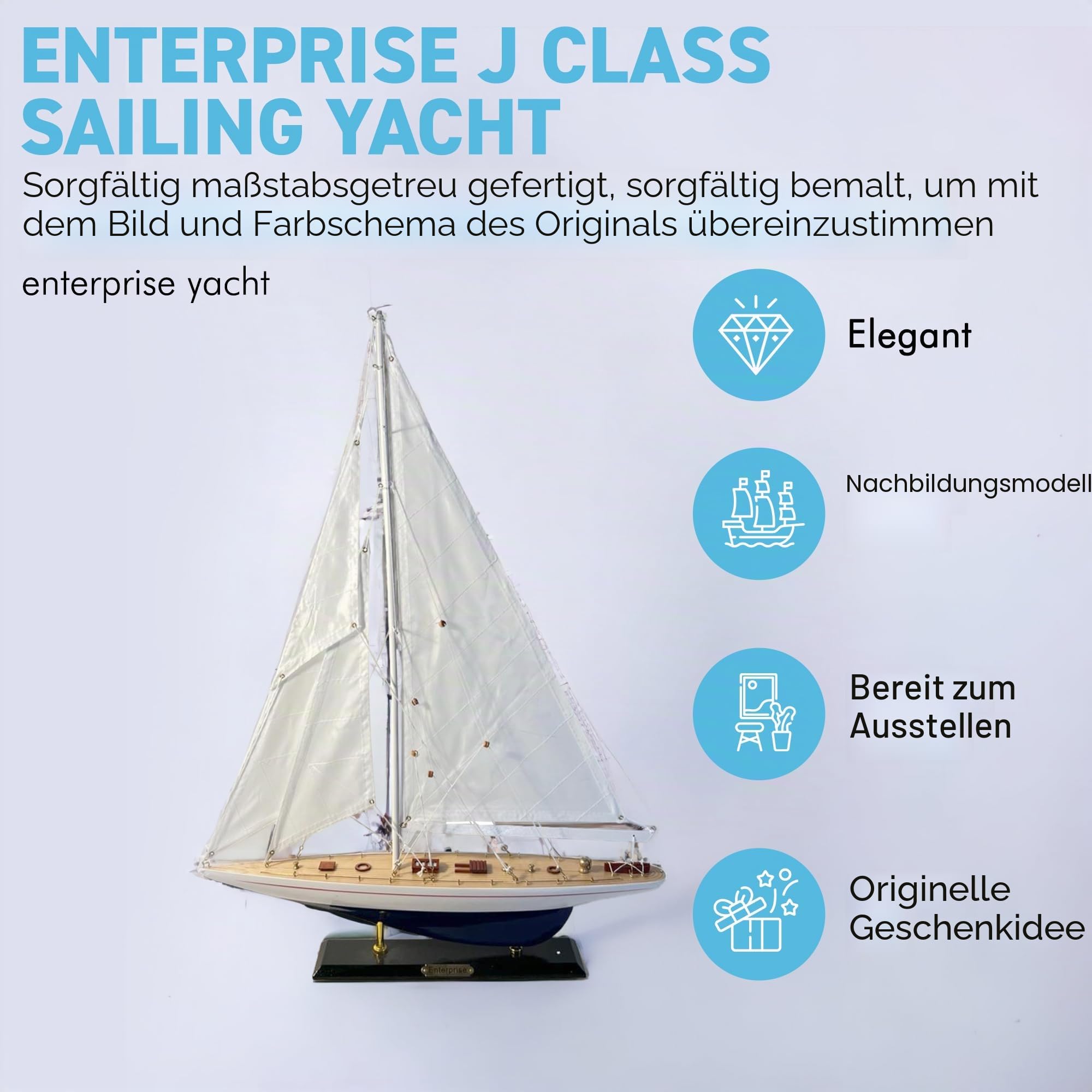 Thorness Detailliertes 50 cm langes Holzmodell Enterprise J Class Segelyacht | Americas Cup Racing Yacht | nautisches Ornament | Segelbootmodell | Enterprise Segelschiff-Modell | Komplett montiertes