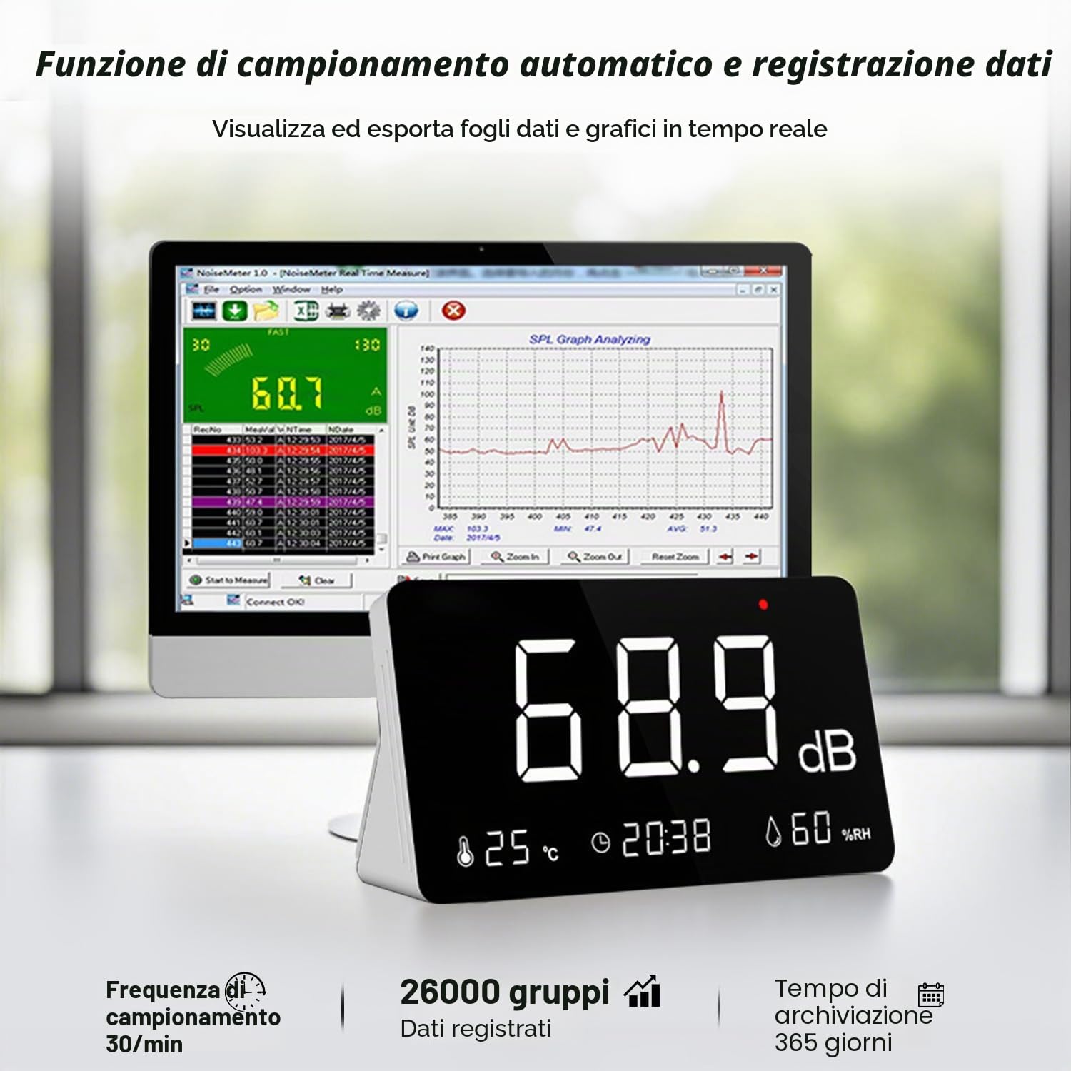 Misuratore di livello sonoro con registrazione dati, 30-130dB Digital Noise Decibel Meter con funzione di allarme, 26000 registrazione ed esportazione dati, ponderato A, ricaricabile per casa