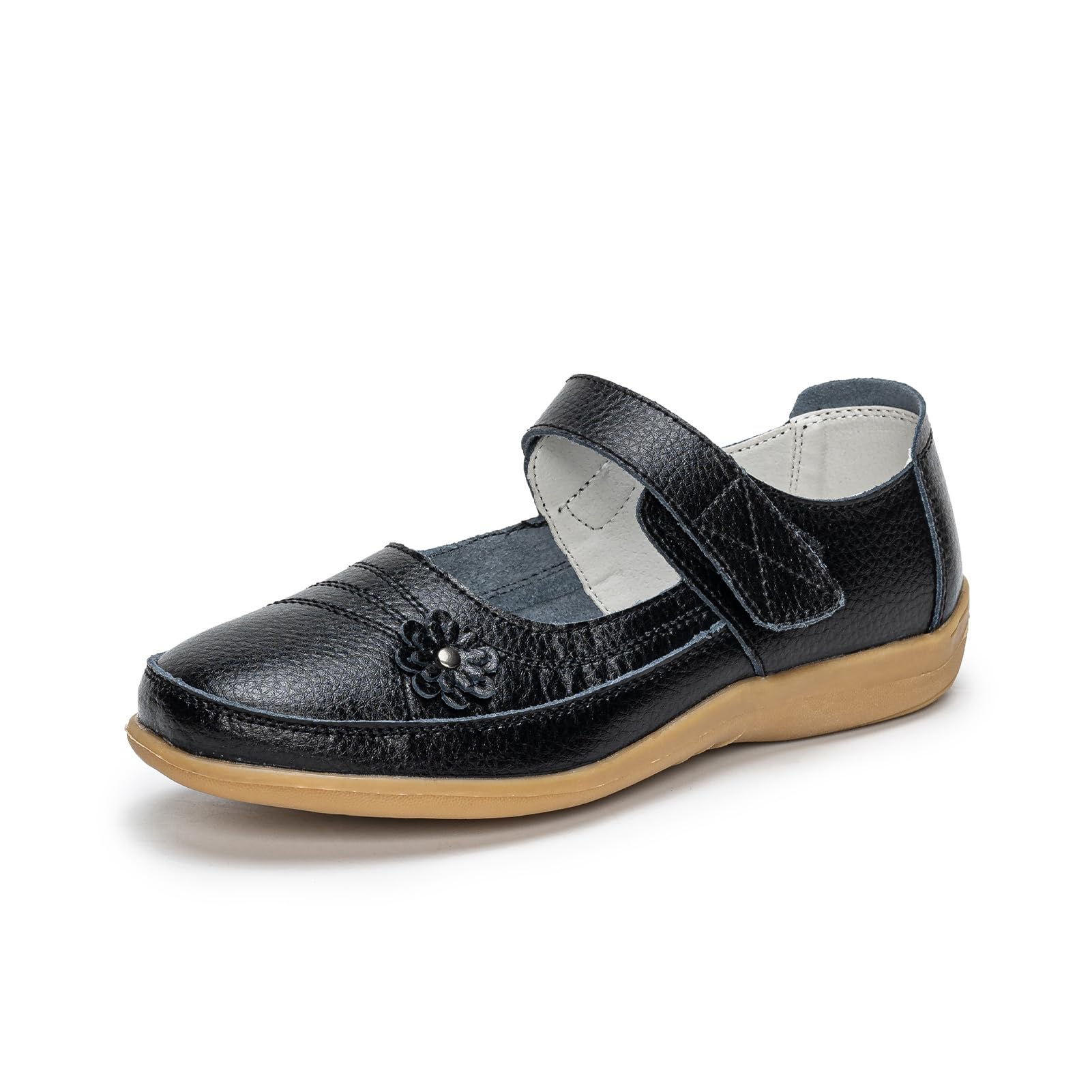 Chaussures Mary Jane en cuir pour femme - Noir - Coupe large - Chaussures plates - Style décontracté - Pour le travail, le bureau, les infirmières