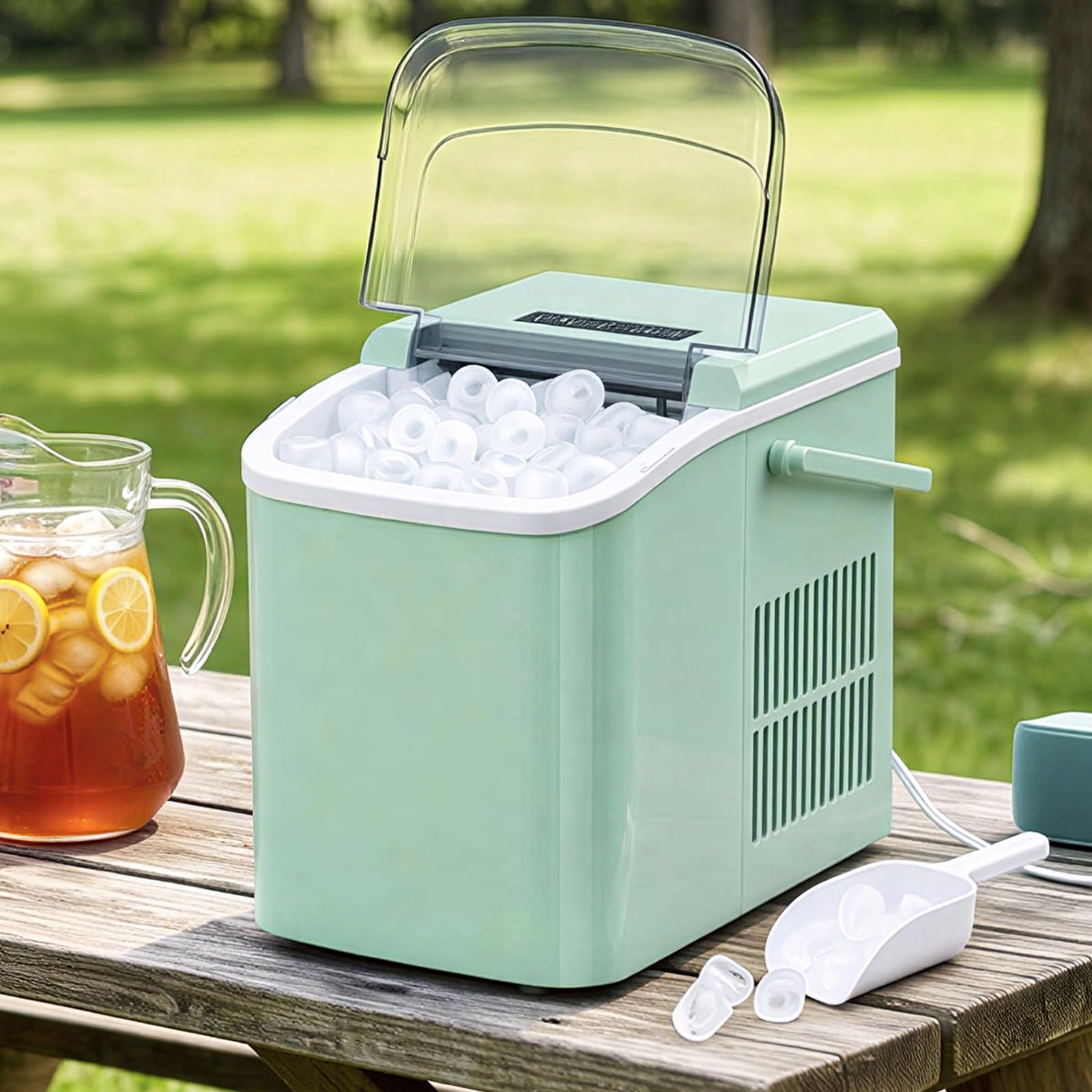 Ice Maker, Portable Ice Makers Countertop With Handle, Basket & Scoop, 26lbs/24hrs, 9 Bullet Ice Cubes In 6 Mins, 2 Ice Sizes, Self-Cleaning, Quiet Compact Ice Machine For Home Kitchen Party, Green on Fridge.com - View 1