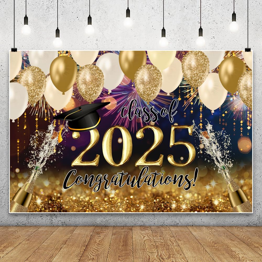 Leowefowa 2025 Graduation Backdrop 10x8ft Class of 2025 Black Gold Balloon Firework Congratulation Grad Photo Background Champagne Graduated Party