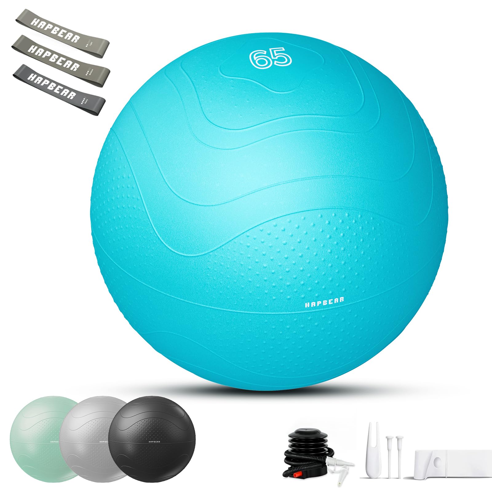 HAPBEAR Exercise Ball 58-65cm - Anti-Burst Slip-Resistant Yoga/Pilates Ball for Core Training & Posture Improvement, Home Gym/Rehab/Pregnancy Ball, Quick Pump & 3 Resistance Bands Included