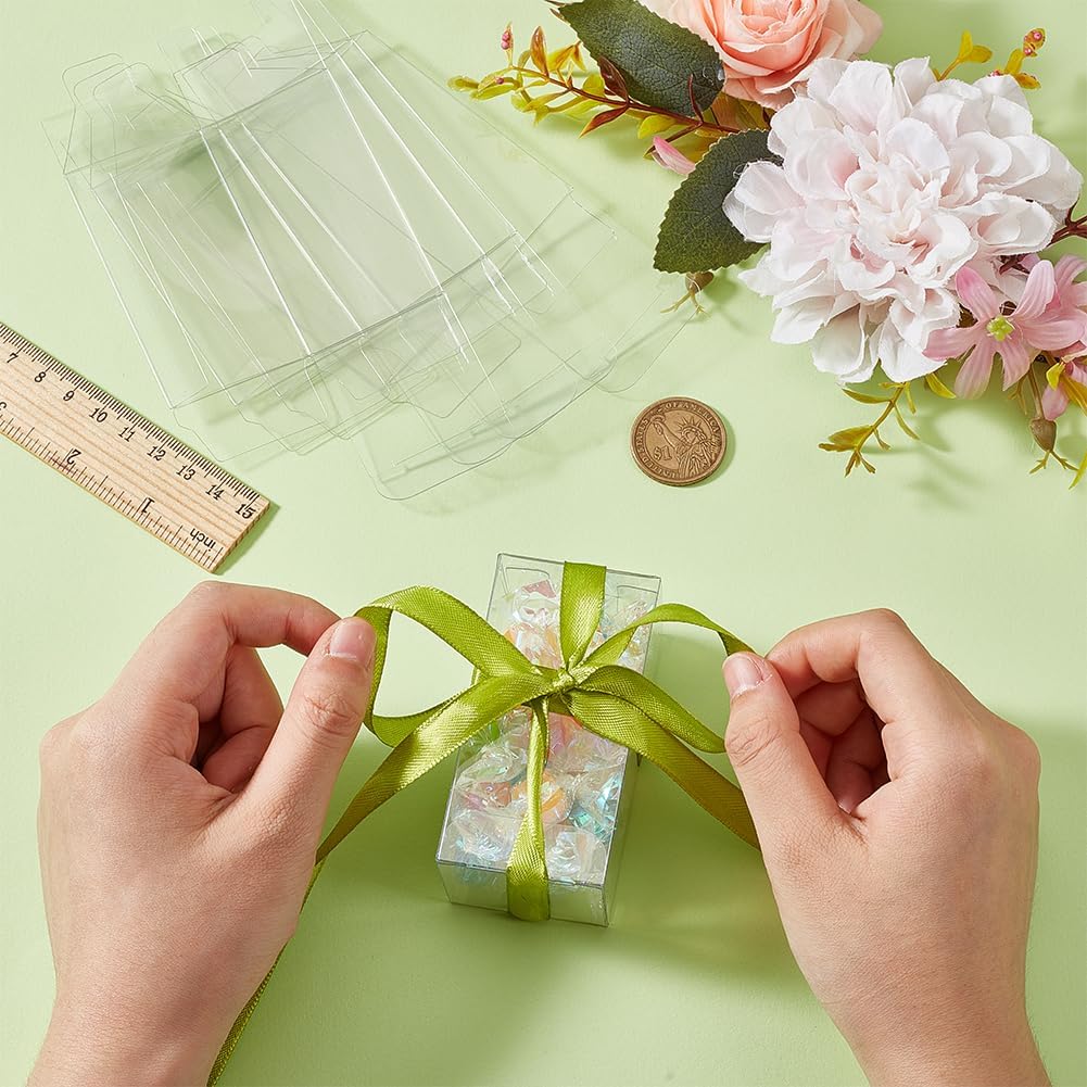 BENECREAT 40Pcs Clear Gift Boxes with Film, Rectangle Transparent PVC Favor Boxes 1.5x1.5x3inch for Wedding Party Treat Candy Cupcakes