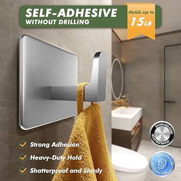 Auxmir Adhesive Towel Hooks, 5 Pack Heavy Duty Wall Hooks 15lb Max, No Drilling Sticky Hooks for Bathroom Shower Kitchen, Waterproof Rustproof Stainless Steel Hooks for Towels, Robes, Coats, Silver