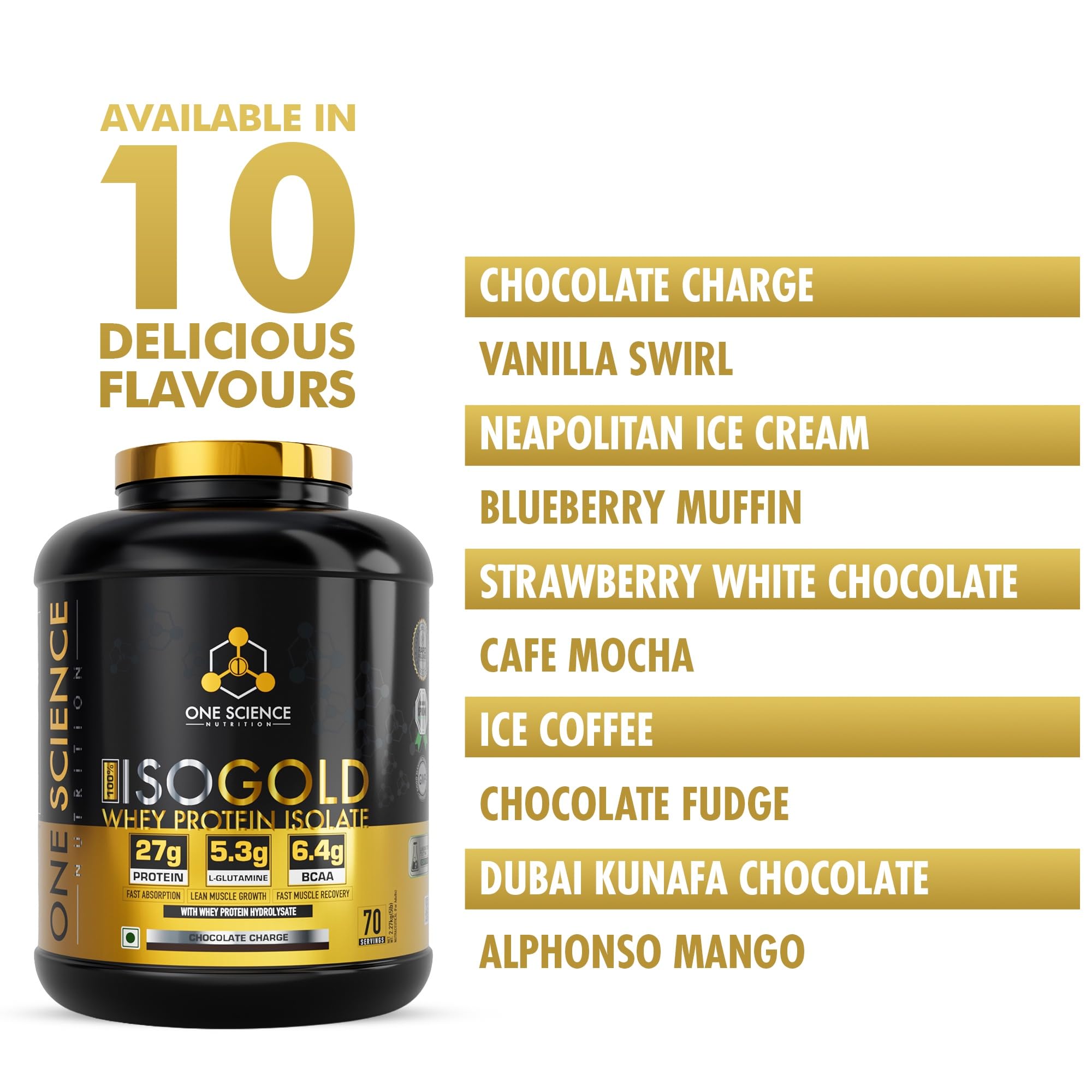 One Science Nutrition ISO Gold Whey Protein Isolate | 27g Protein, 5.3g L-Glutamine, 6.4g BCAA | Fast Absorption & Lean Muscle Support - 70 Servings (5lbs, Alphonso Mango) — Amazon image 5
