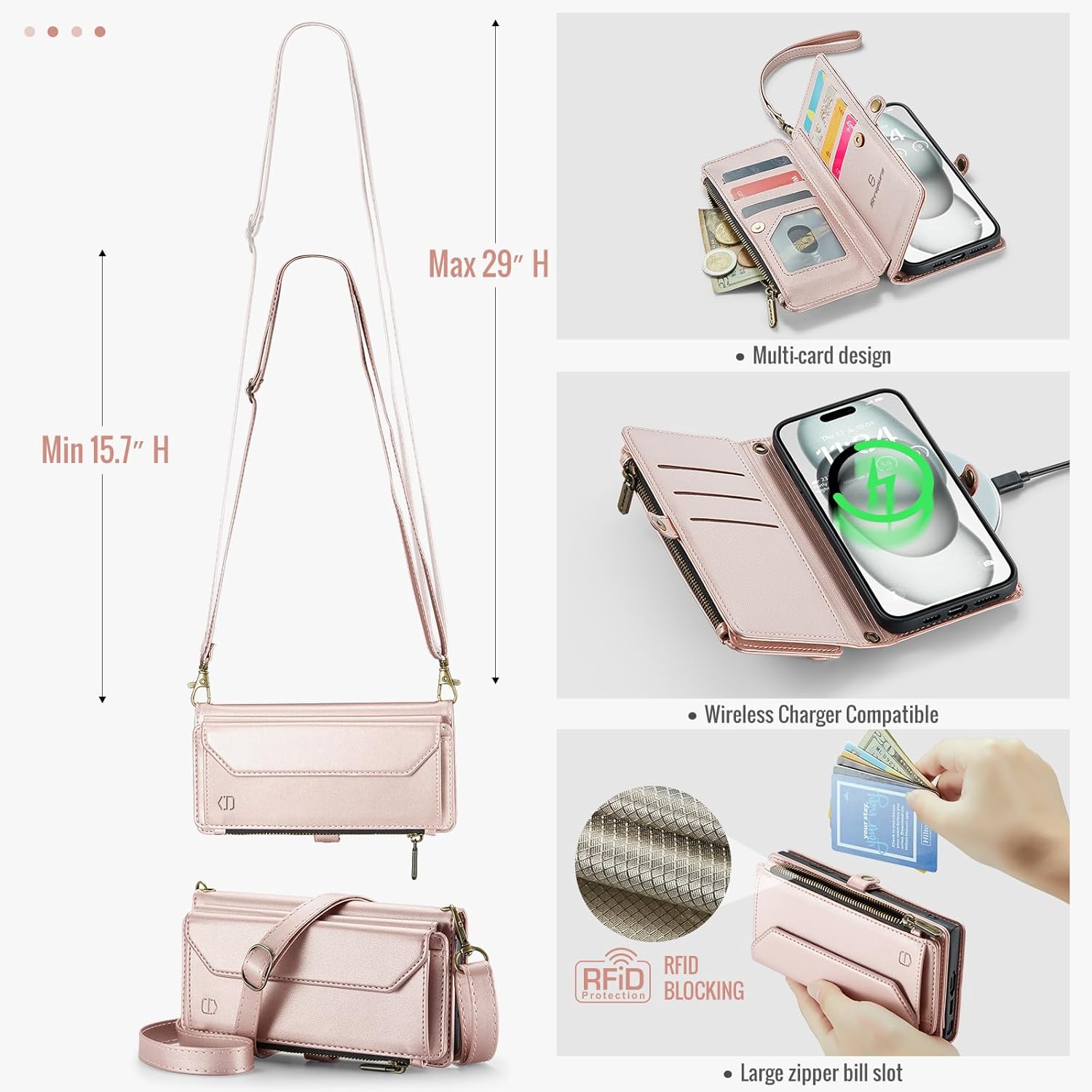 Wallet Case Compatible with iPhone 15 Plus RFID Blocking 10-Card Holder Soft PU Leather Magnetic Snap Shoulder Strap Zipper Pocket Phone Case Fit for iPhone 15 Plus 6.7" - Rose Gold - Image 8