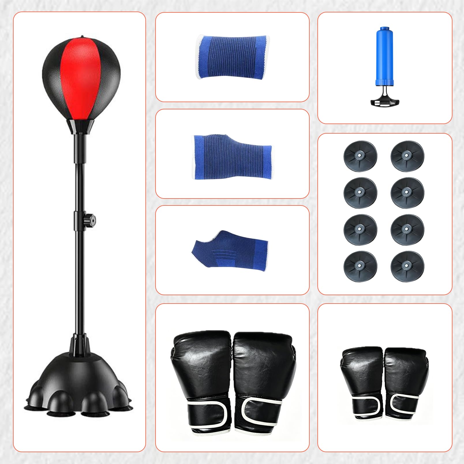 Punching Ball, Boxball Standboxsack Höhenverstellbar 110-160 cm, Boxtrainer | mit 8 Saugnapf-Basis, Reflexball für Erwachsene, Boxset mit 2 Paar Boxhandschuhen, Schutzausrüstung und Luftpumpe