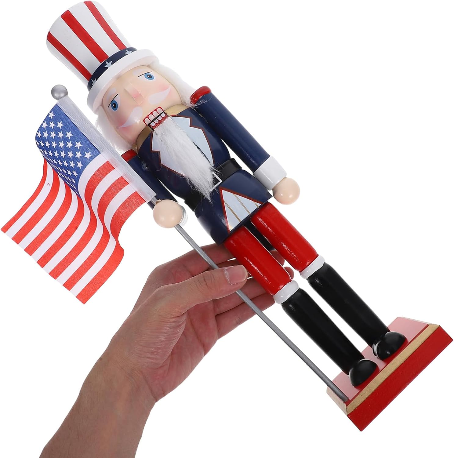Amosfun Wooden Nutcracker Ornament Independence Day Theme 38cm American Flag Christmas Decor Holiday Spirit Display