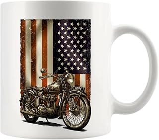 Motorcycle American Flag Motorcycle Gifts For Dad Husband Brother Boyfriend Rider Biker Motorcyclist Retro US USA Novelty Drinkware Ceramic Mug 11 oz White