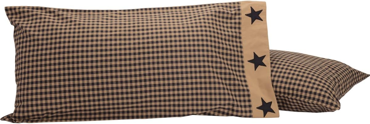 VHC Brands Check Star Cotton Primitive Bedding Appliqued King Pillow Case Set of 2, Raven Black