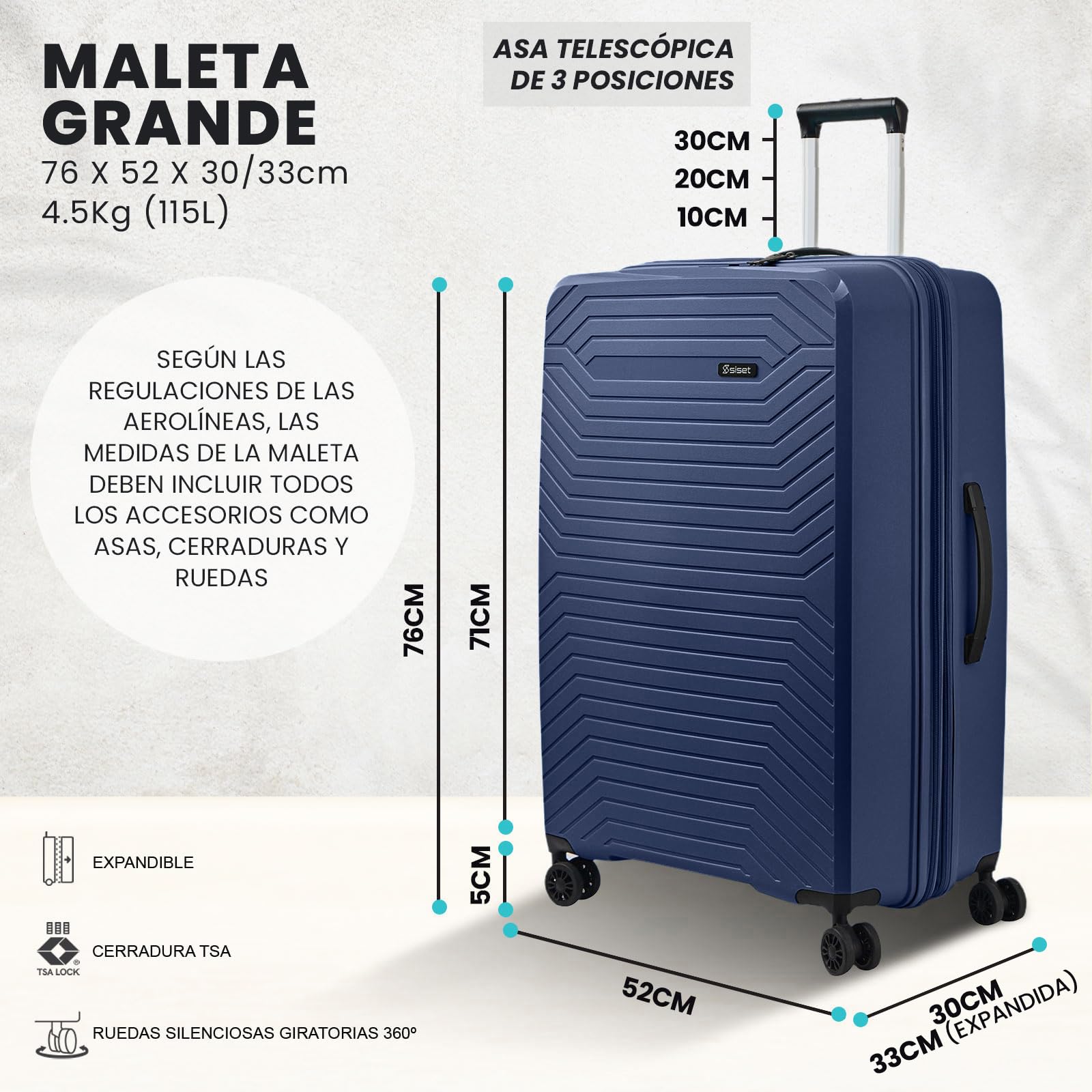 Air Nova - Maleta de Viaje Grande (23Kg) Expandible (76x52x30/33cm), Fabricada en Polipropileno, 4 Ruedas Dobles y Cerradura Combinación TSA. (Grande XL), (115L), (4.5kg), (Azul Marino).