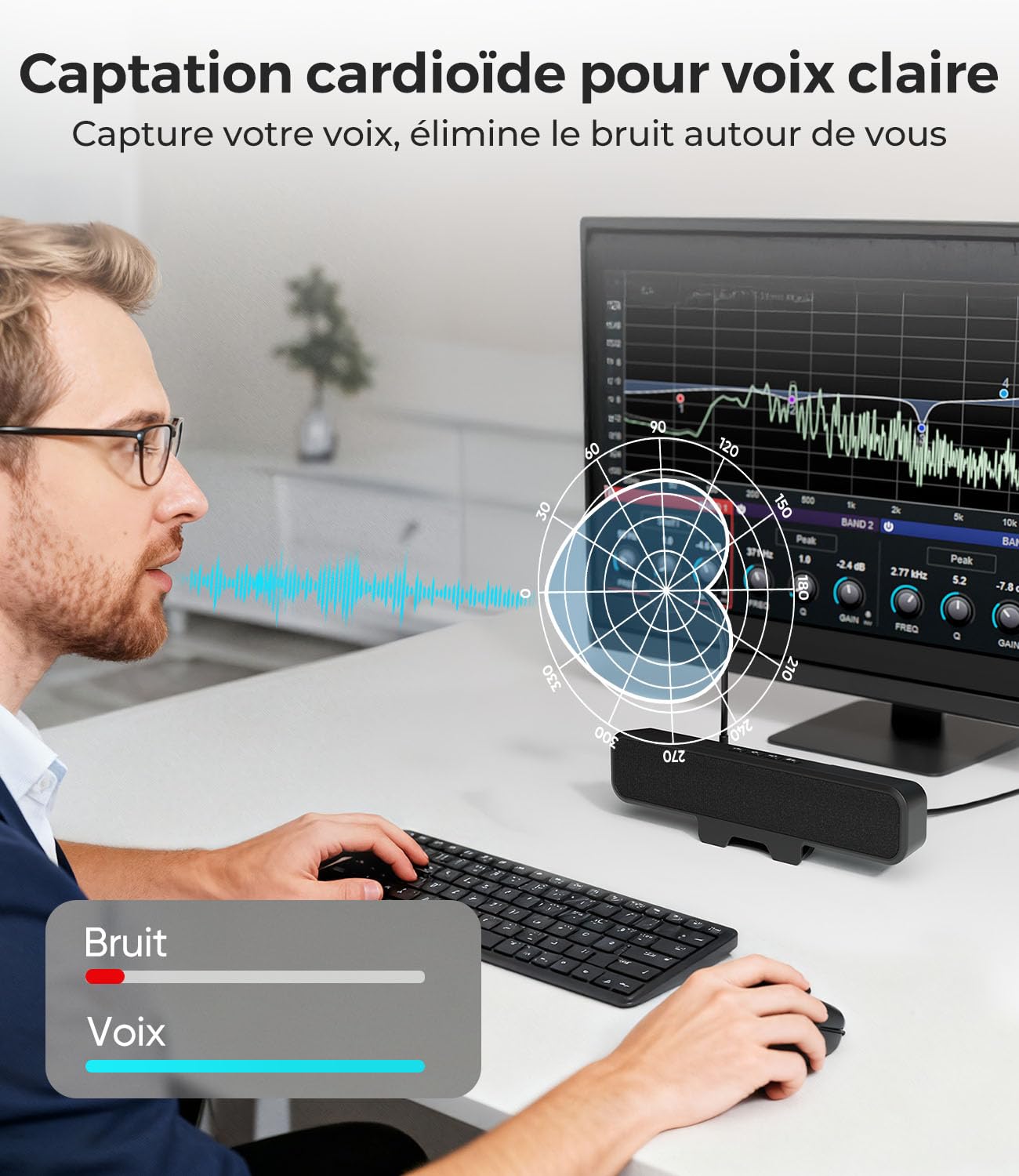 Enceintes USB d'ordinateur avec Microphone détachable, Enceintes de Bureau Plug-and-Play avec Clip pour écran, Son stéréo et Graves, adaptées au PC, PS5, Switch 2 et Ordinateur Portable