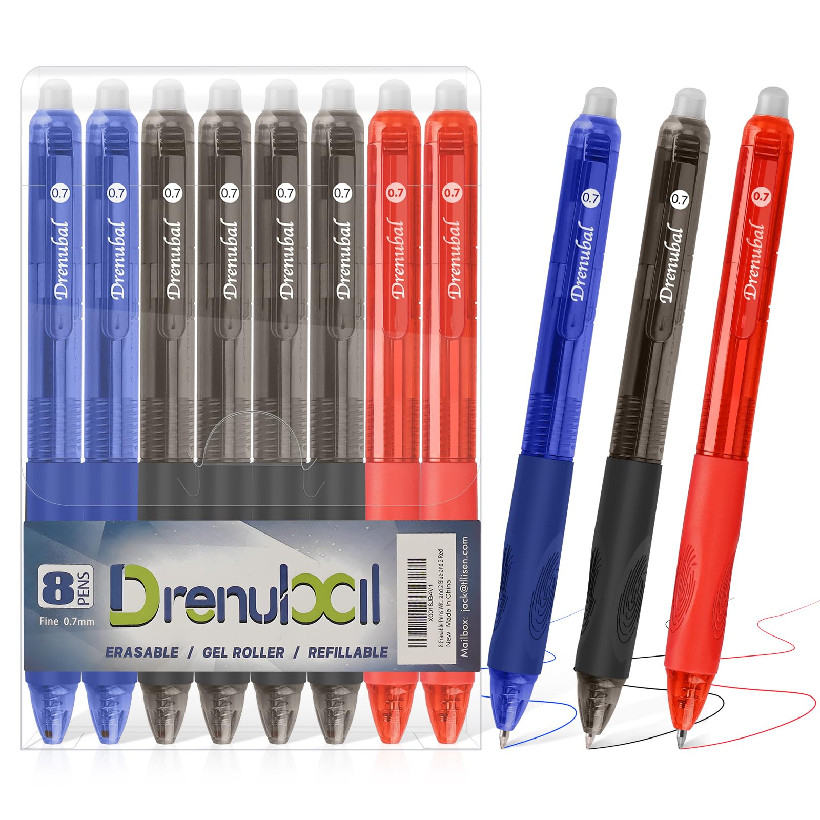 8-pack 0.7mm erasable gel pens with quick-drying anti-smudge ink |Erasable pens with comfortable grip for school, office, art, exams and journals |True Colors gift set for kids and students