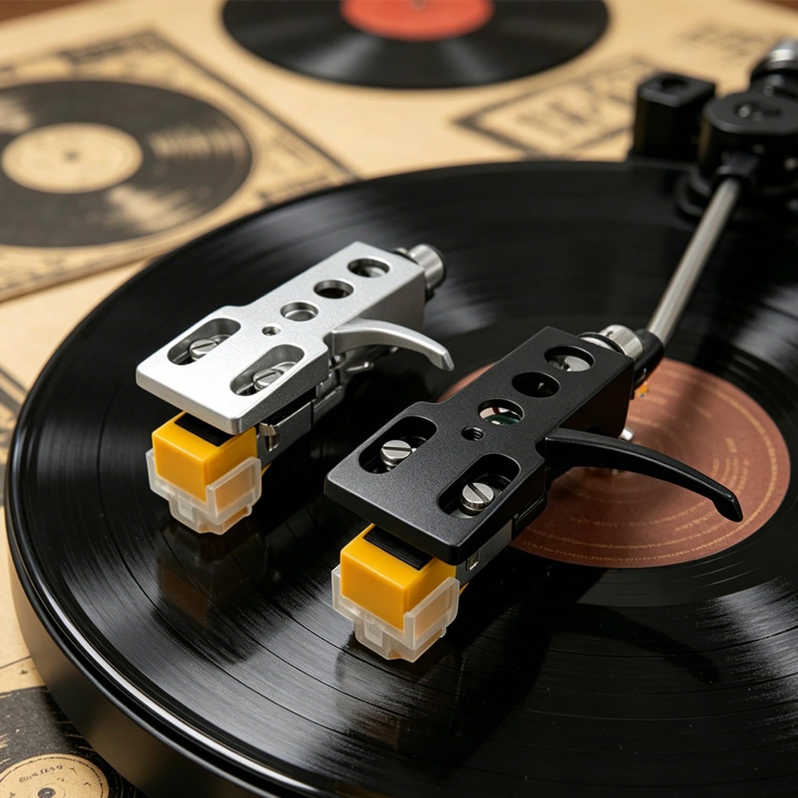 AT91 MM - Kit de pastilla y carcasa de aguja de aleación de aluminio para tocadiscos, reproductor de discos de vinilo, voltaje de salida de 3,5 mV (plata)