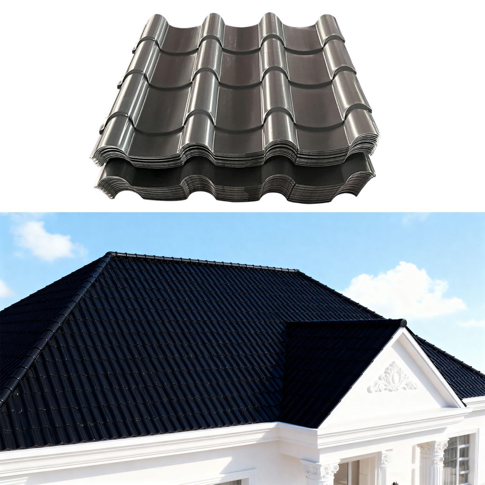 Tejas metálicas para techos de villas, paneles de aluminio para techos, paneles aislantes de alta resistencia para techos, tejas onduladas, negro(10pcs,76.5x50cm)
