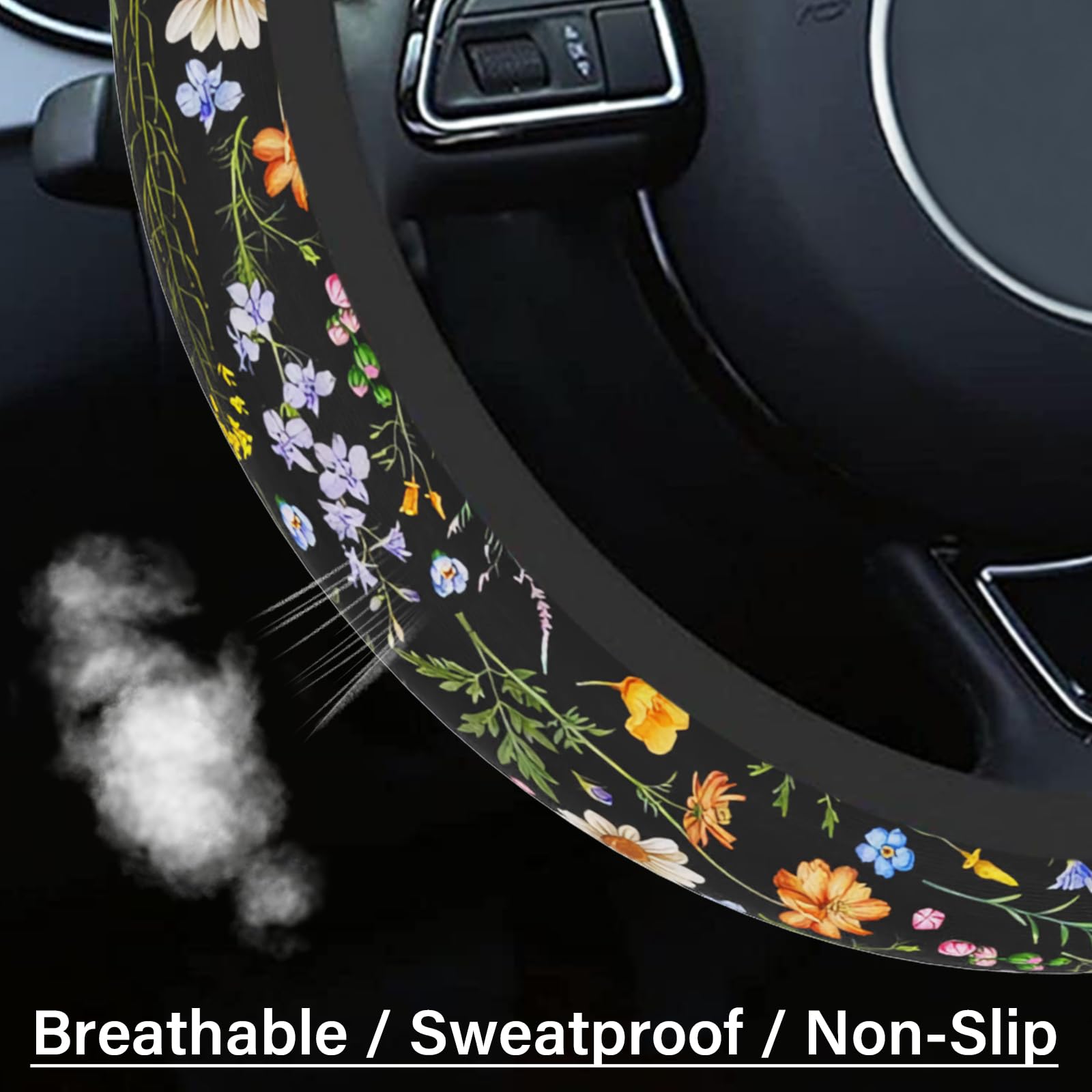 Car Steering Wheel Cover for Women Men, Non-Slip Breathable Steering Wheel, Wildflower Steering Wheel Protector, Car Accessories, Universal 14" 02/2-15" Fit Auto, Suvs