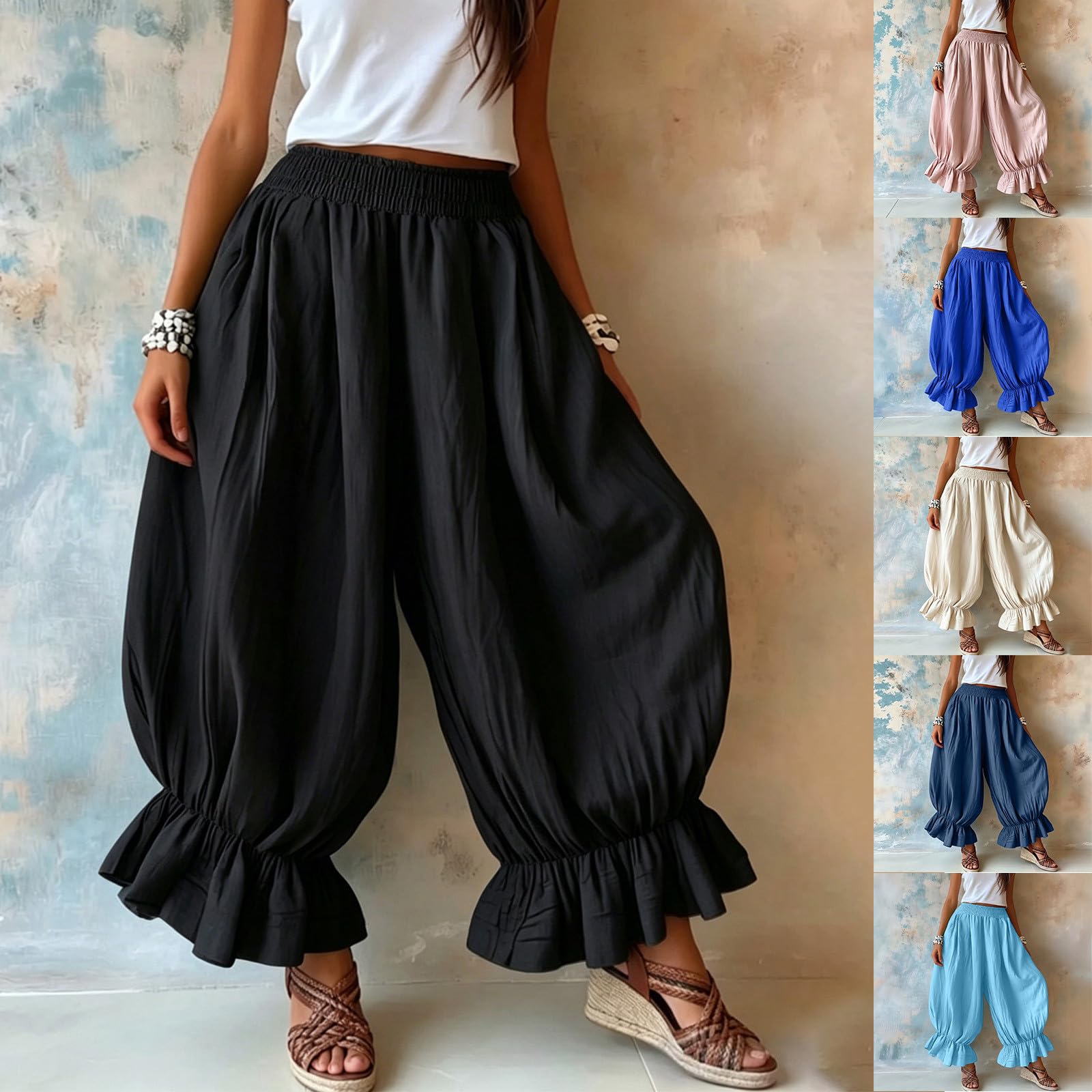 Pantalones de globo largos para mujer, con dobladillo de volantes, cintura alta, holgados, pantalones de palazzo de pierna ancha, para verano, playa, bohemios, holgados, cómodos, estilo Y2K