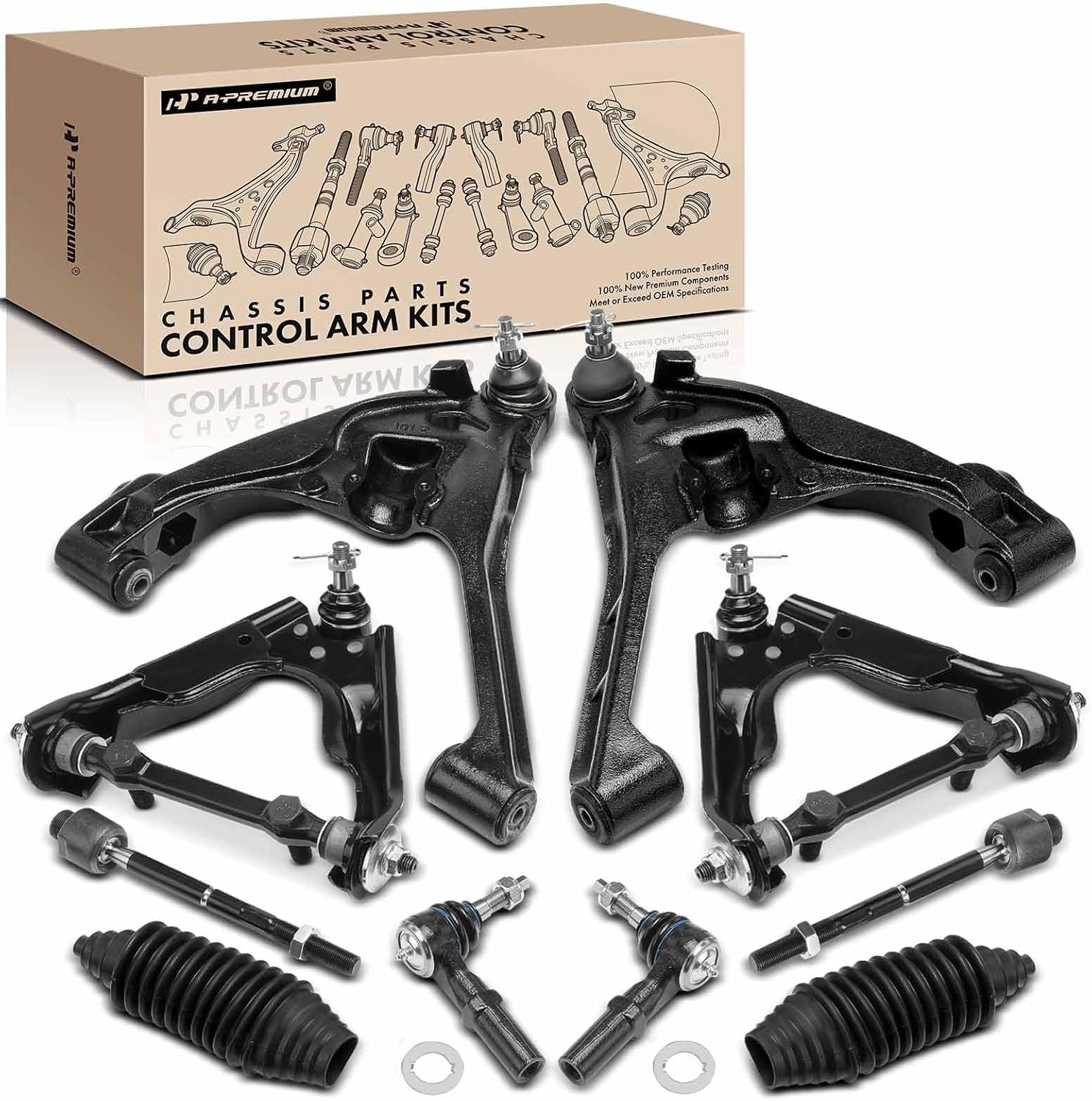 A-Premium 10 Pcs Front Suspension Kit, Upper Lower Control Arm Inner Outer Tie Rod End Rack and Pinion Bellow, Compatible with Dodge Durango 2000 2001 2002 2003, Dakota 2000-2004, Only 4WD