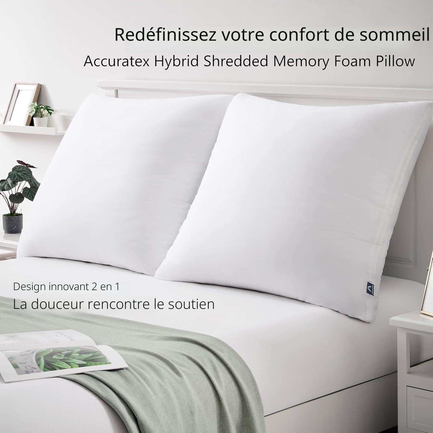 ACCURATEX Lot de 2 Oreillers Hybrides à Mémoire de Forme 60×60 cm | rembourrage hybride mousse à mémoire & microfibre, coussin confortable à hauteur réglable, housse amovible en coton,respirant