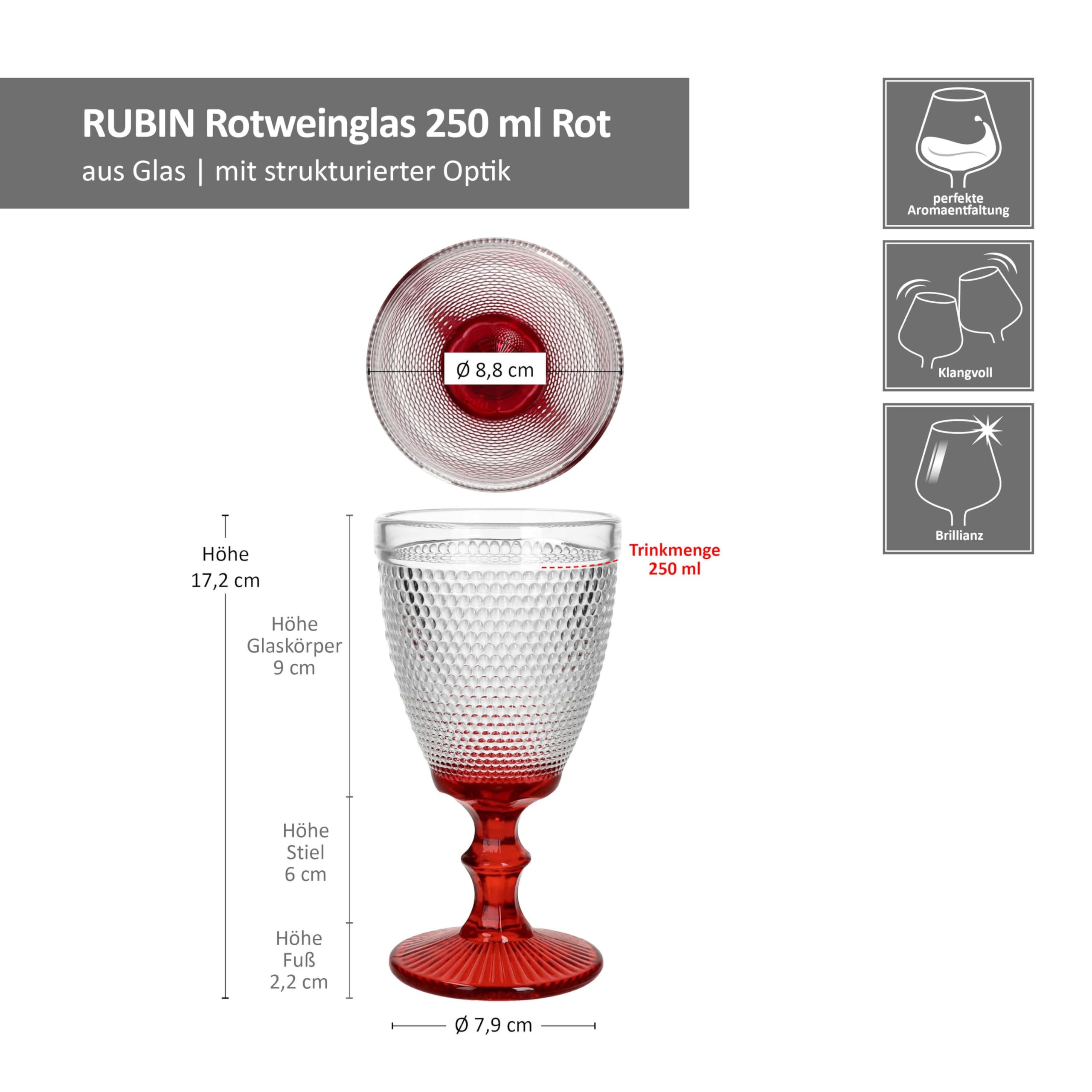 MamboCat Rubin Lot de 6 verres à vin rouge I 250 ml I Élégant verre à vin avec pied rouge I Aspect structuré I Pour vin rouge et blanc, eau, jus et plus encore