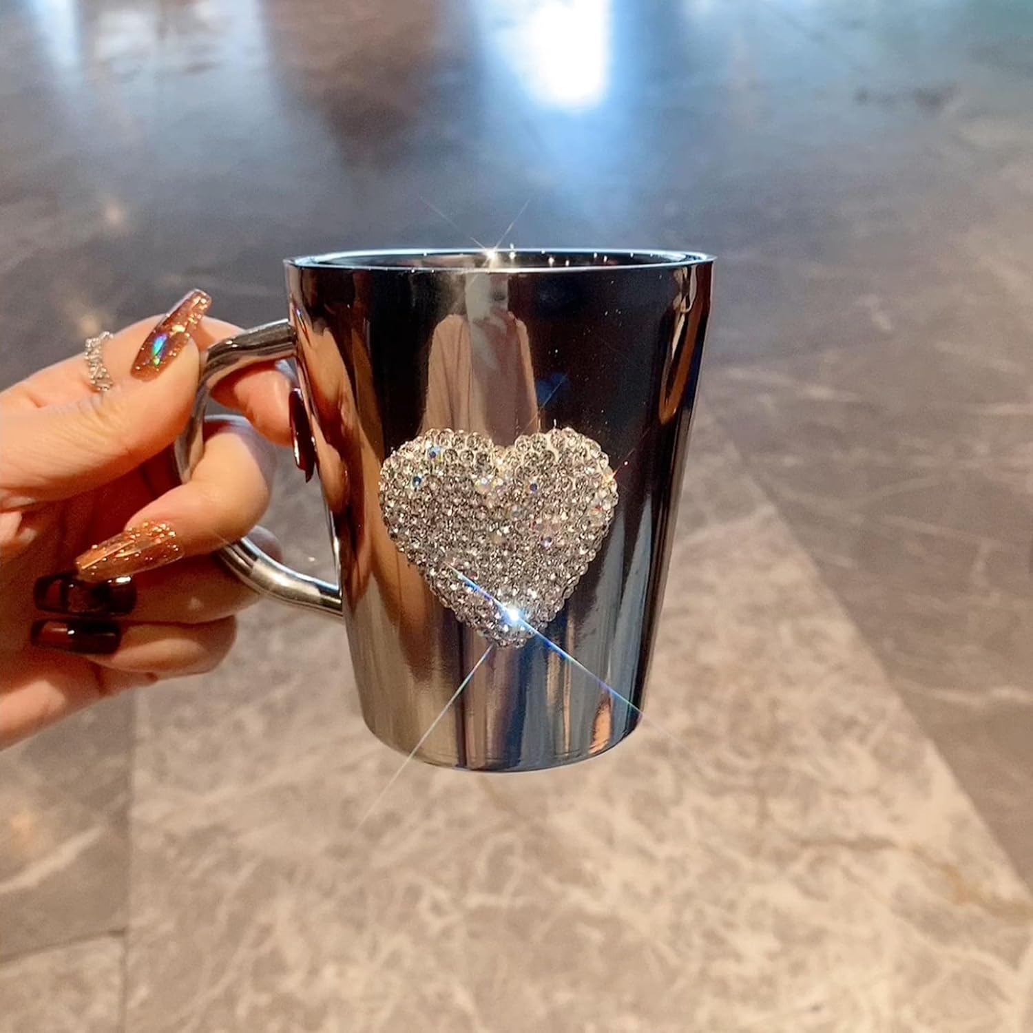Heart-Shaped Crystal Rhinestone Stainless Steel Coffee Mug, Small Camping Mugs with Handle Durable and Reuseable Mug Cup for Water,Iced Coffee,Milk,Tea,Juice