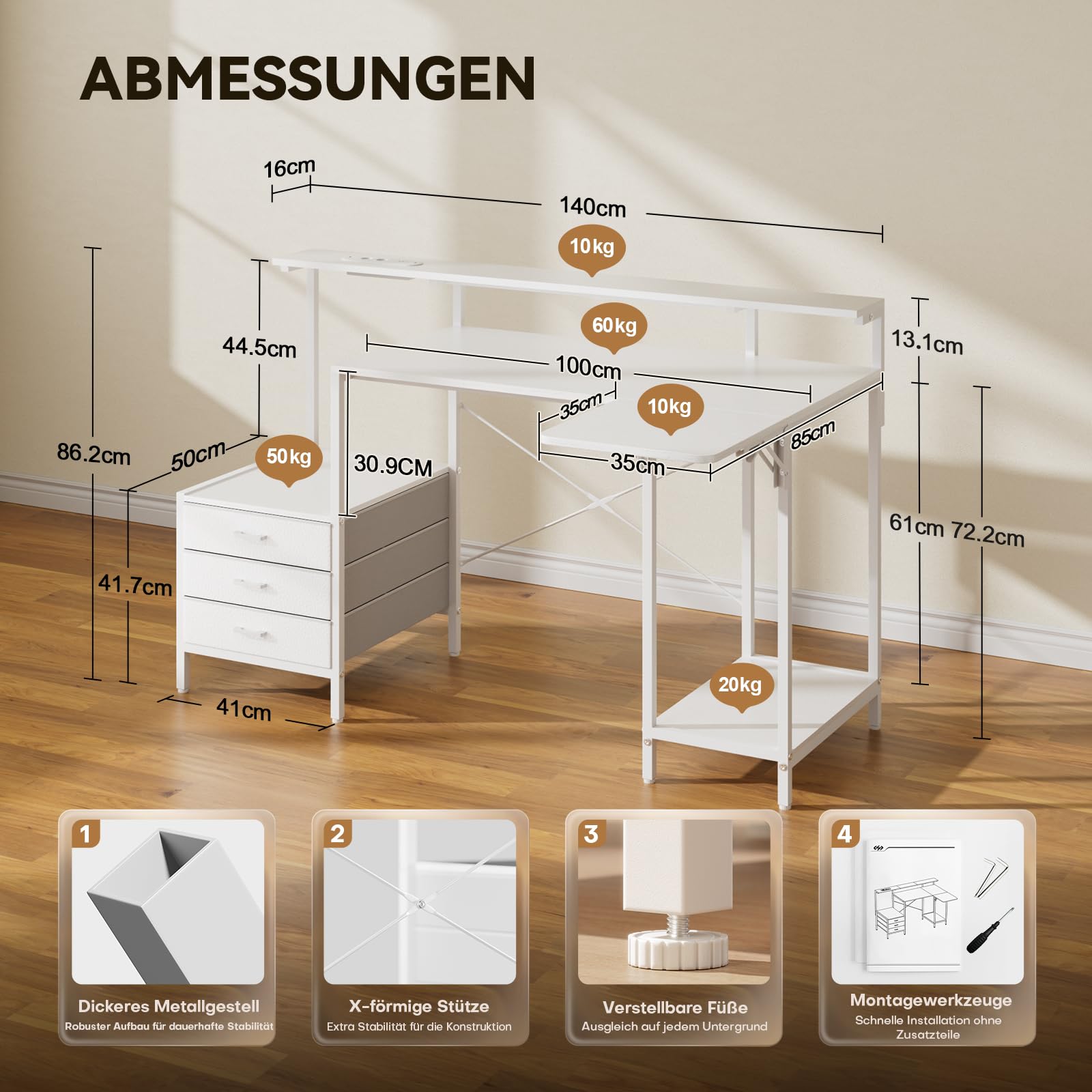 HLONONE 140 × 85 cm Schreibtisch mit Schubladen & LED, Computertisch mit Steckdose, Bürotisch mit Stauraum und Monitorablage, Eckschreibtisch für Homeoffice Schlafzimmer, Weiß