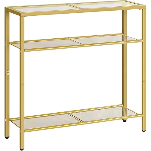 HOOBRO 29.5" Narrow Console Table, 3-Tier Tempered Glass Sofa Table, Small Side Table, Modern Entryway Table, for Entrance, Living Room, Foyer, Hallway Bedroom, Gold GD21XG01G1
