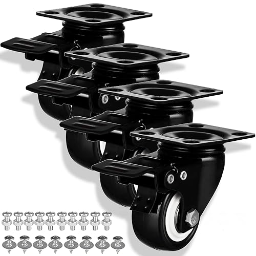 Juego de 4 ruedas giratorias resistentes de 2 pulgadas de doble bloqueo con freno, ruedas de poliuretano industrial de metal para bancos de trabajo,