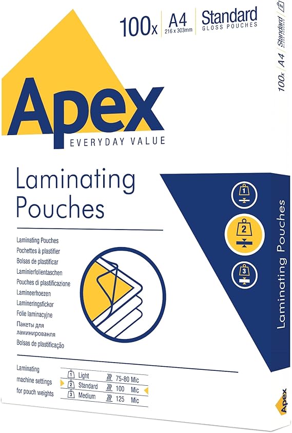 Fellowes Apex A4 Laminating Pouches, Glossy Finish, 100 Sheets